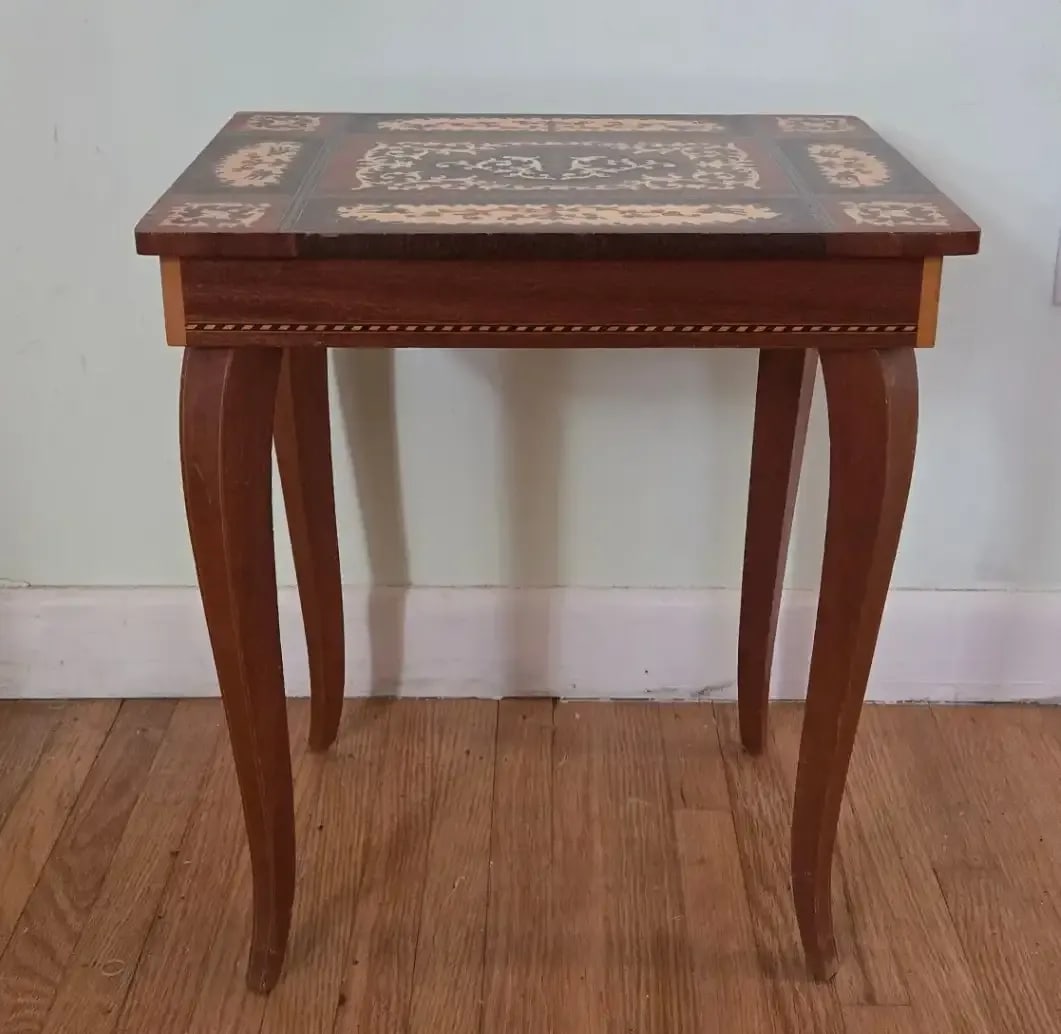 Vintage Italian Marquetry Inlay Reuge Music Box Jewelry Table Plays Fascination Waltz - 5