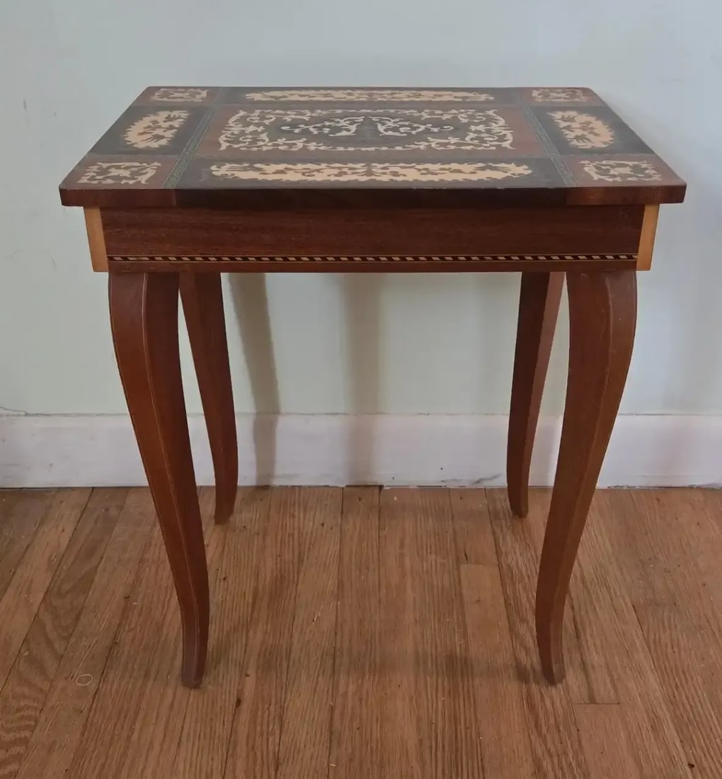 Vintage Italian Marquetry Inlay Reuge Music Box Jewelry Table Plays Fascination Waltz - 6