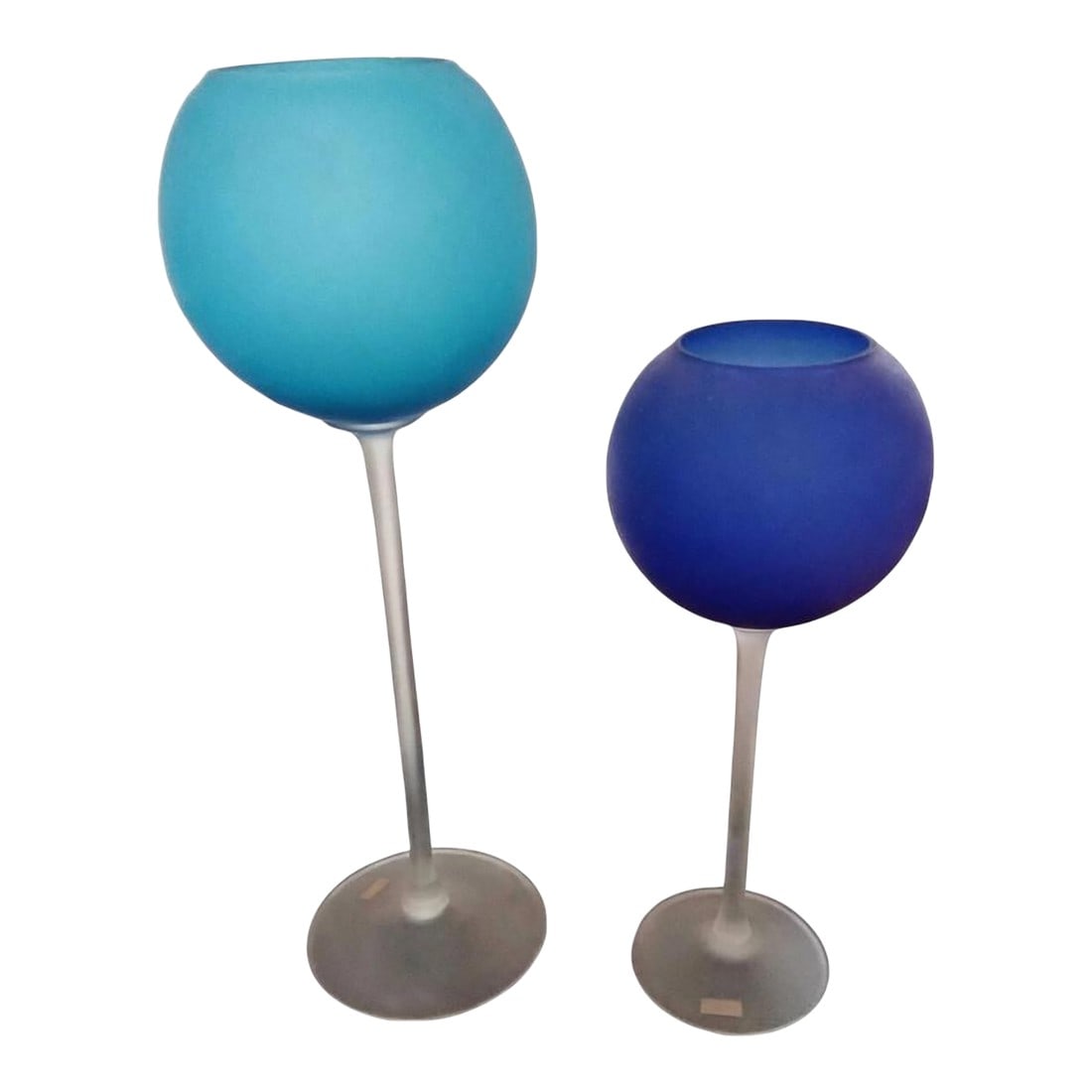 1960s Pair of Carlo Moretti Satinato Murano Glass Blue Goblet Vases: Stunning pair of vintage Carlo Moretti Satinato Murano glass vases in a rich cobalt blue. These elegant goblet-form vases feature the signature frosted/matte (satinato) finish that Carlo Moretti