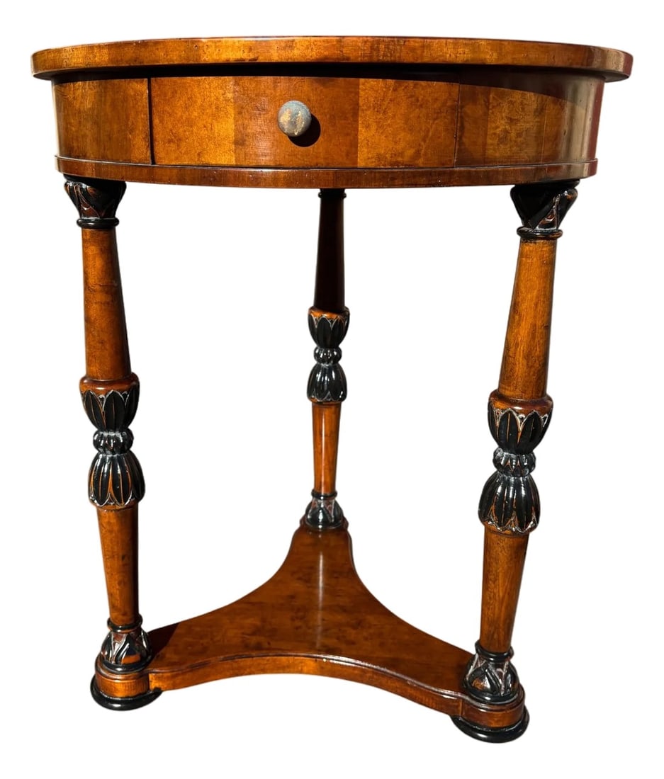 Regency Revival Mahogany Inlaid Side Table With Drawer & Triangular Base: Regency style side table crafted in mahogany with a circular inlaid top featuring a geometric starburst motif and banded border. The apron houses a single functional drawer fitted with a metal pull.