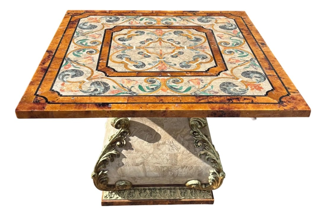 Italian Marble Pietra Dura Inlaid Side Table W Gilt Base: Italian marble side table with a finely executed pietra dura inlaid mosaic square top featuring scrolling foliate motifs in contrasting marbles, framed by a warm variegated marble border. The top