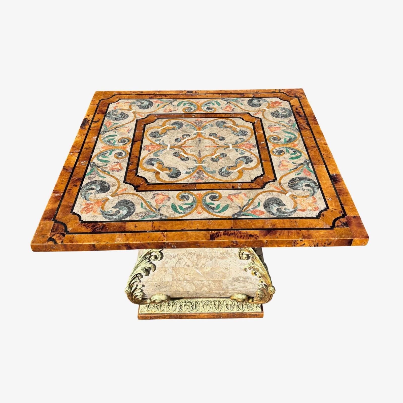 Italian Marble Pietra Dura Inlaid Side Table W Gilt Base - 7