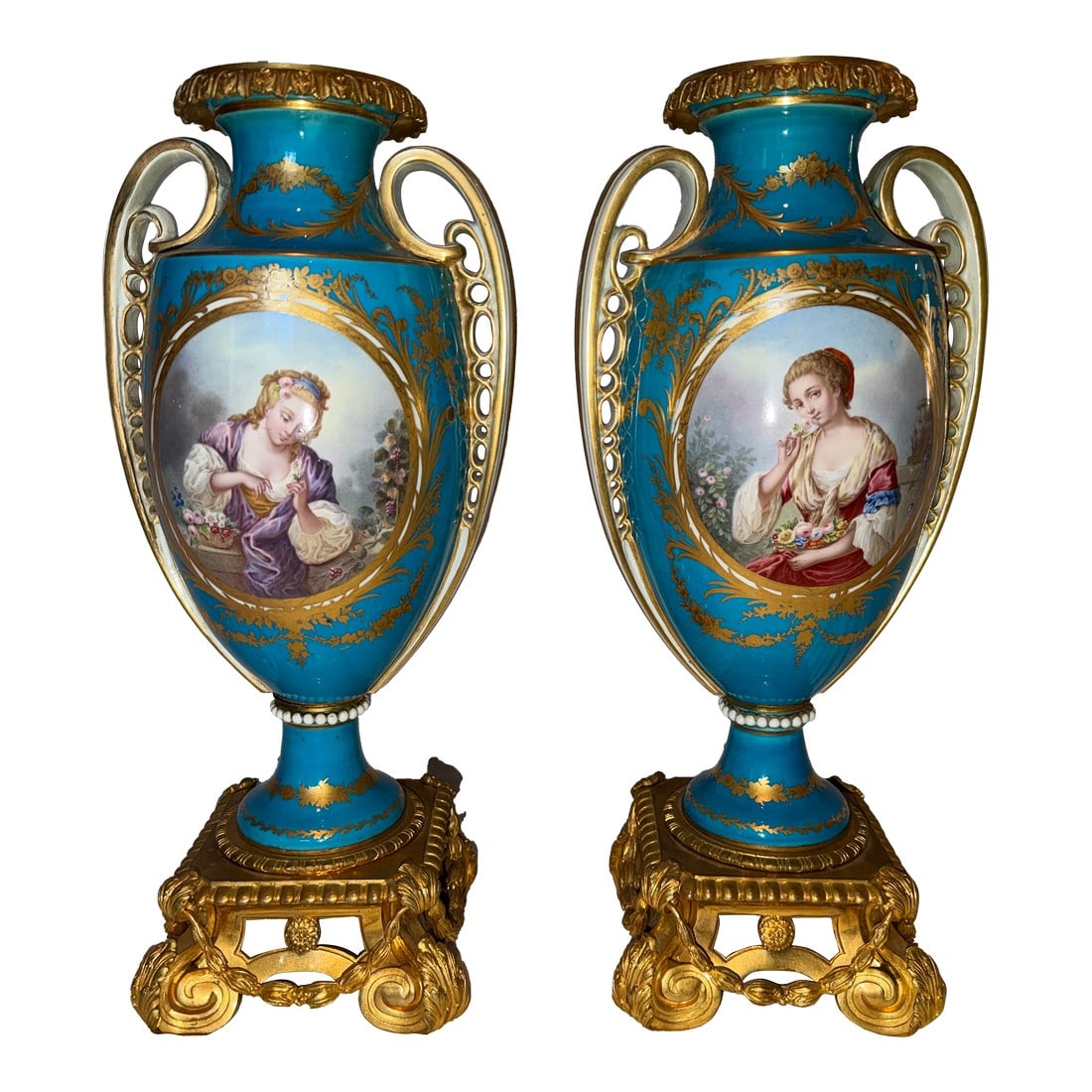 Pair of Antique French Sevres Porcelain Vases With Hand-Painted Portrait Panels and Gilt Bronze Base (1 of 3)
