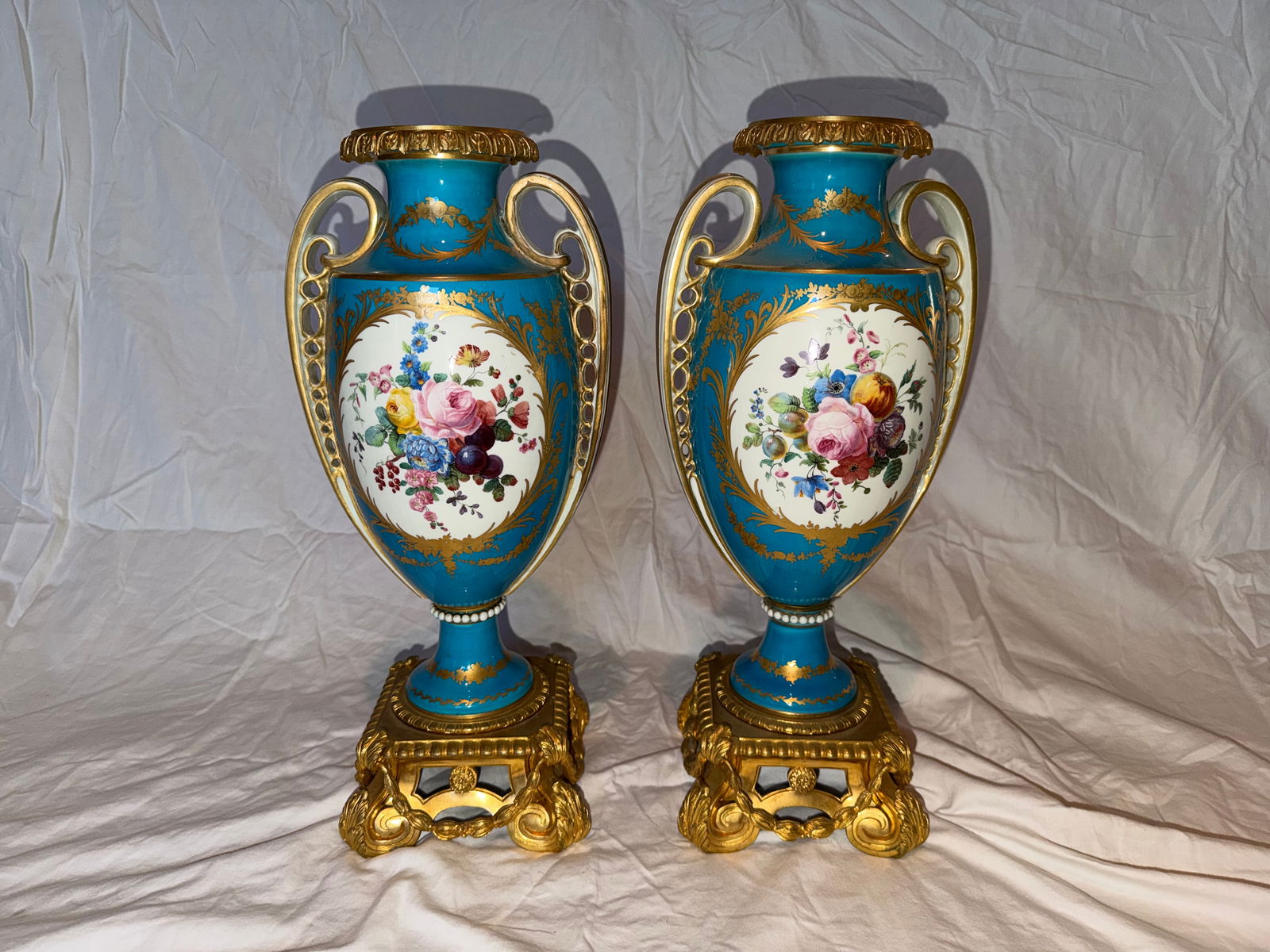 Pair of Antique French Sevres Porcelain Vases With Hand-Painted Portrait Panels and Gilt Bronze Base - 2