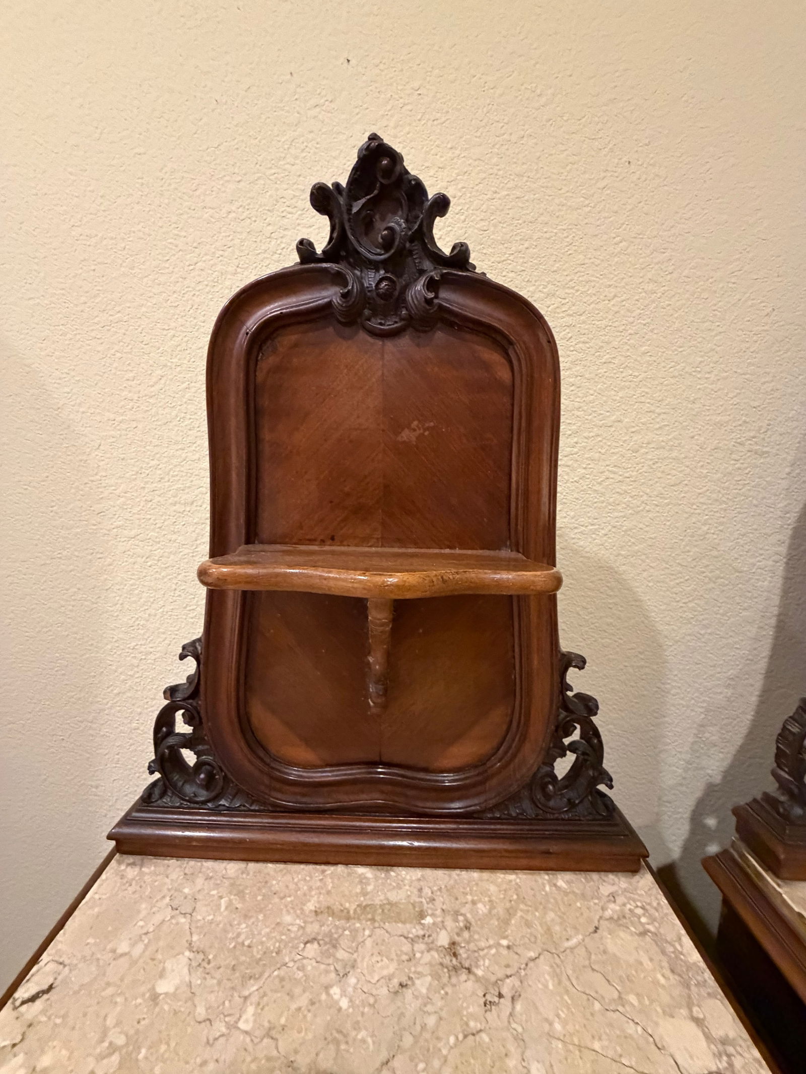 Pair of Antique French Marble-Top Bedside Cabinets / Nightstands With Carved Crests, Circa 1900 - 2
