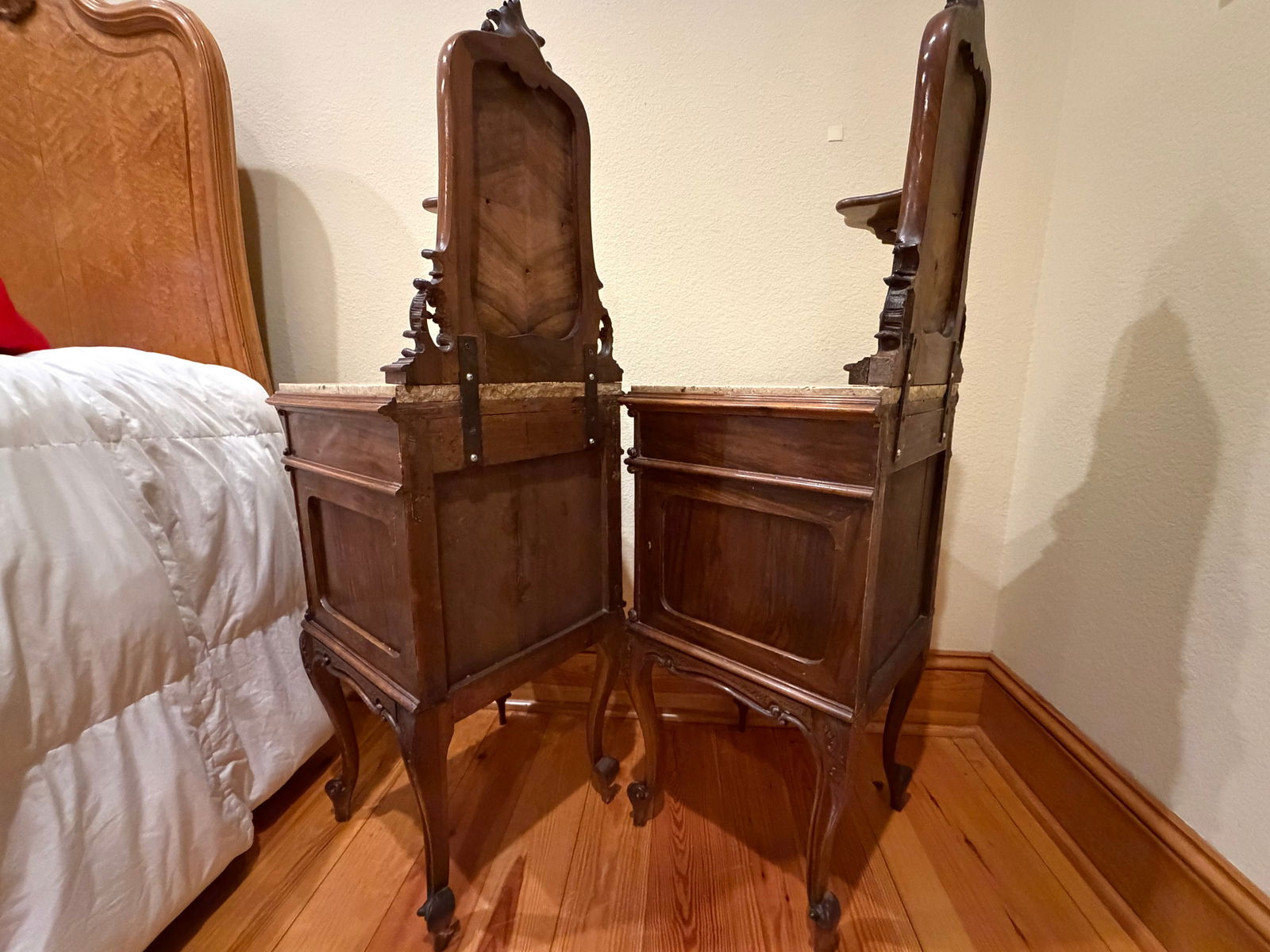 Pair of Antique French Marble-Top Bedside Cabinets / Nightstands With Carved Crests, Circa 1900 - 4