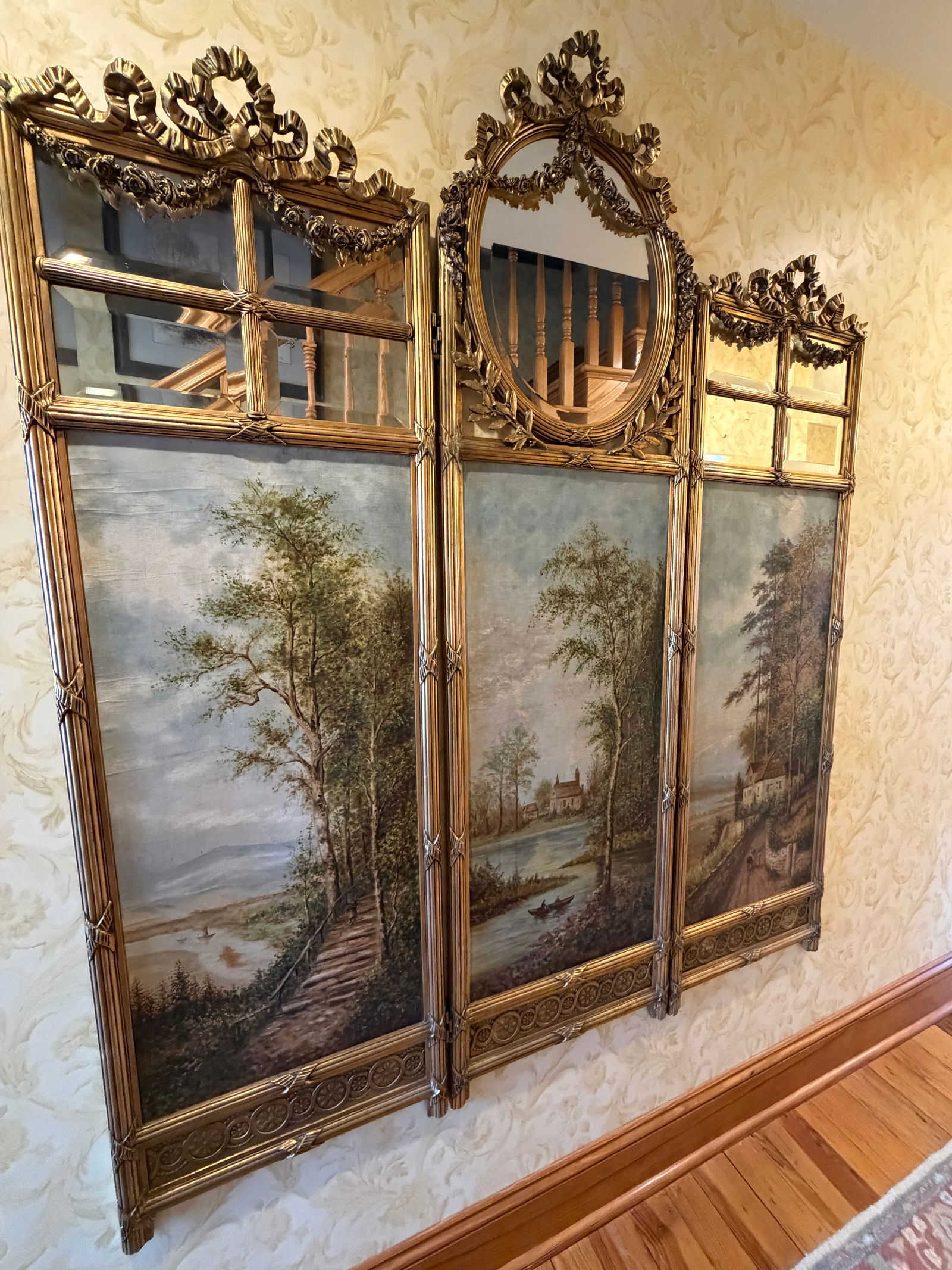 Antique French Giltwood Three-Panel Folding Screen With Hand-Painted Landscapes and Mirror, Circa 19 - 2