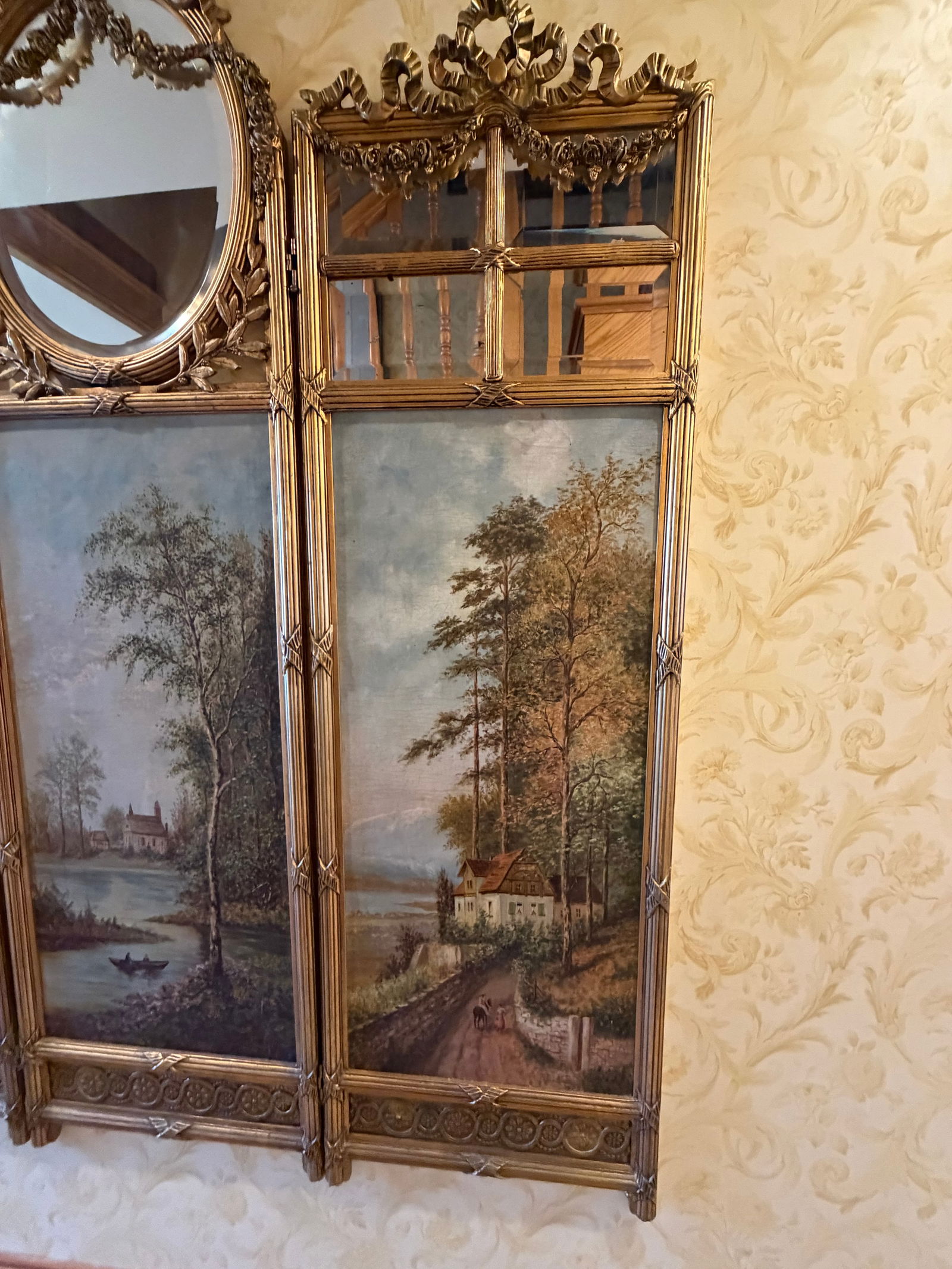 Antique French Giltwood Three-Panel Folding Screen With Hand-Painted Landscapes and Mirror, Circa 19 - 3