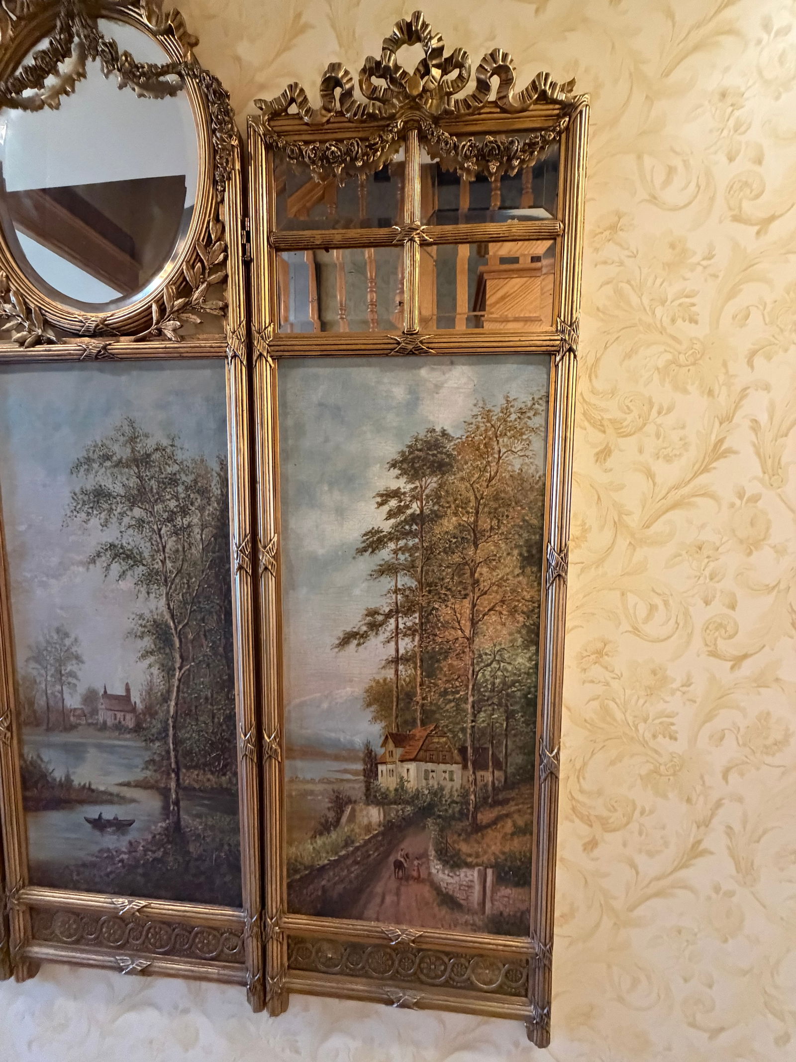 Antique French Giltwood Three-Panel Folding Screen With Hand-Painted Landscapes and Mirror, Circa 19 - 5