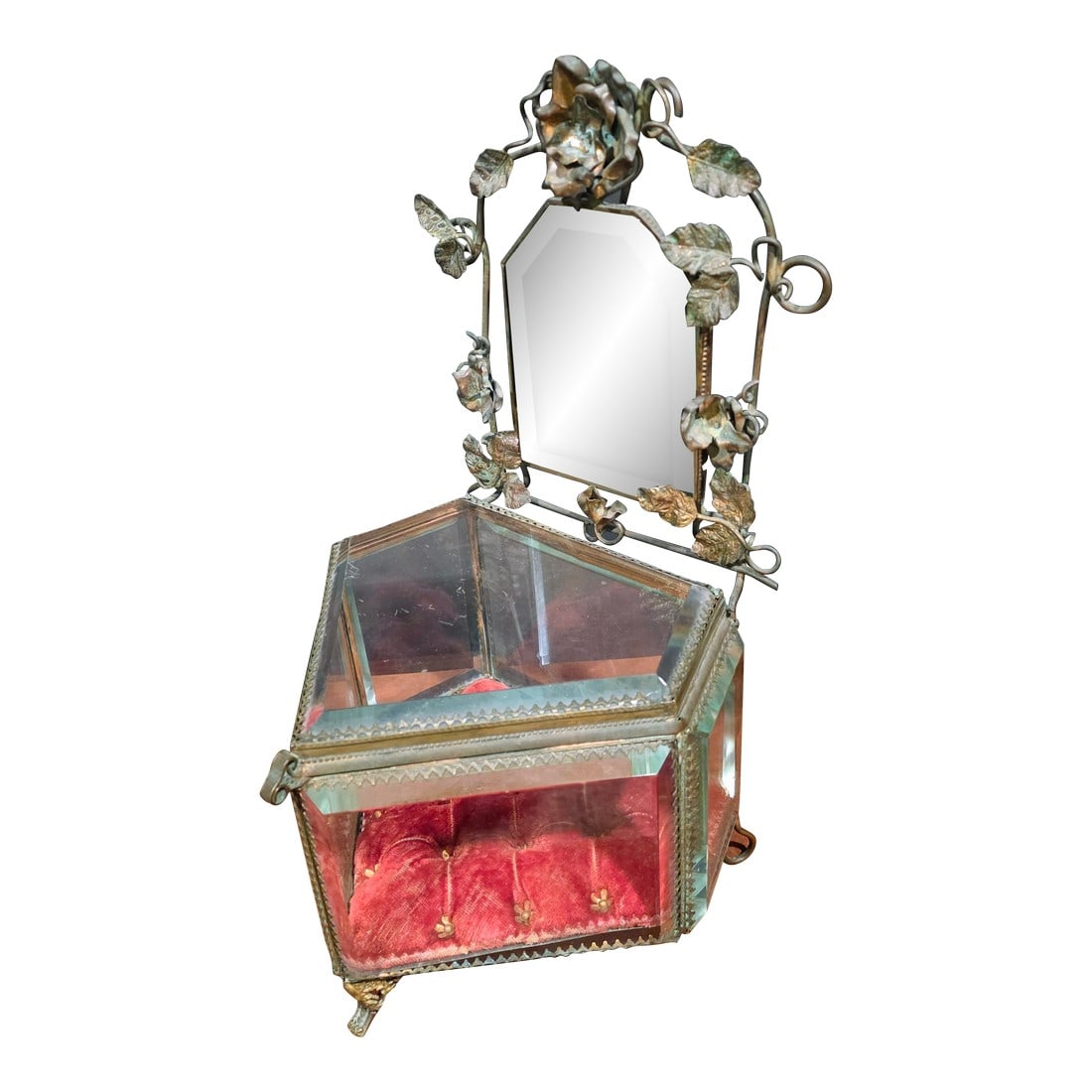 French Jewelry Casket With Mirror: Charming 19th century French wedding jewelry box with tufted velvet bottom interior surface, beveled glass edges, and worn gilt brass details. Condition: Alterations: Original Condition Unaltered