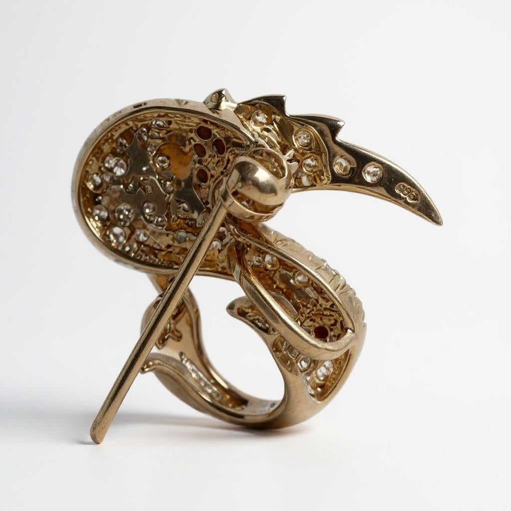 Vintage 14k Yellow Gold Swan Brooch With Diamonds and Rubies - 11