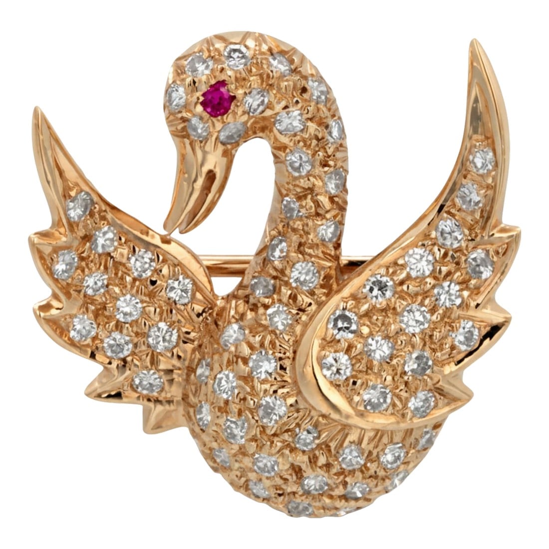 Vintage 14k Yellow Gold Swan Brooch With Diamonds and Rubies: Metal: 14K Yellow Gold (Stamped 585, maker's mark) Gemstones: Brilliant-cut Diamonds, approx. 0.65 carat total weight; Vibrant Ruby accents Weight: 3.52 grams Measurements: Approx. 0.75" width x