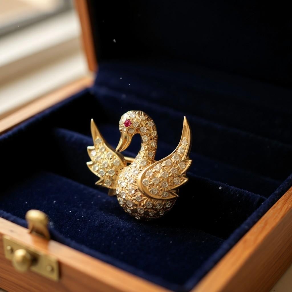 Vintage 14k Yellow Gold Swan Brooch With Diamonds and Rubies - 4
