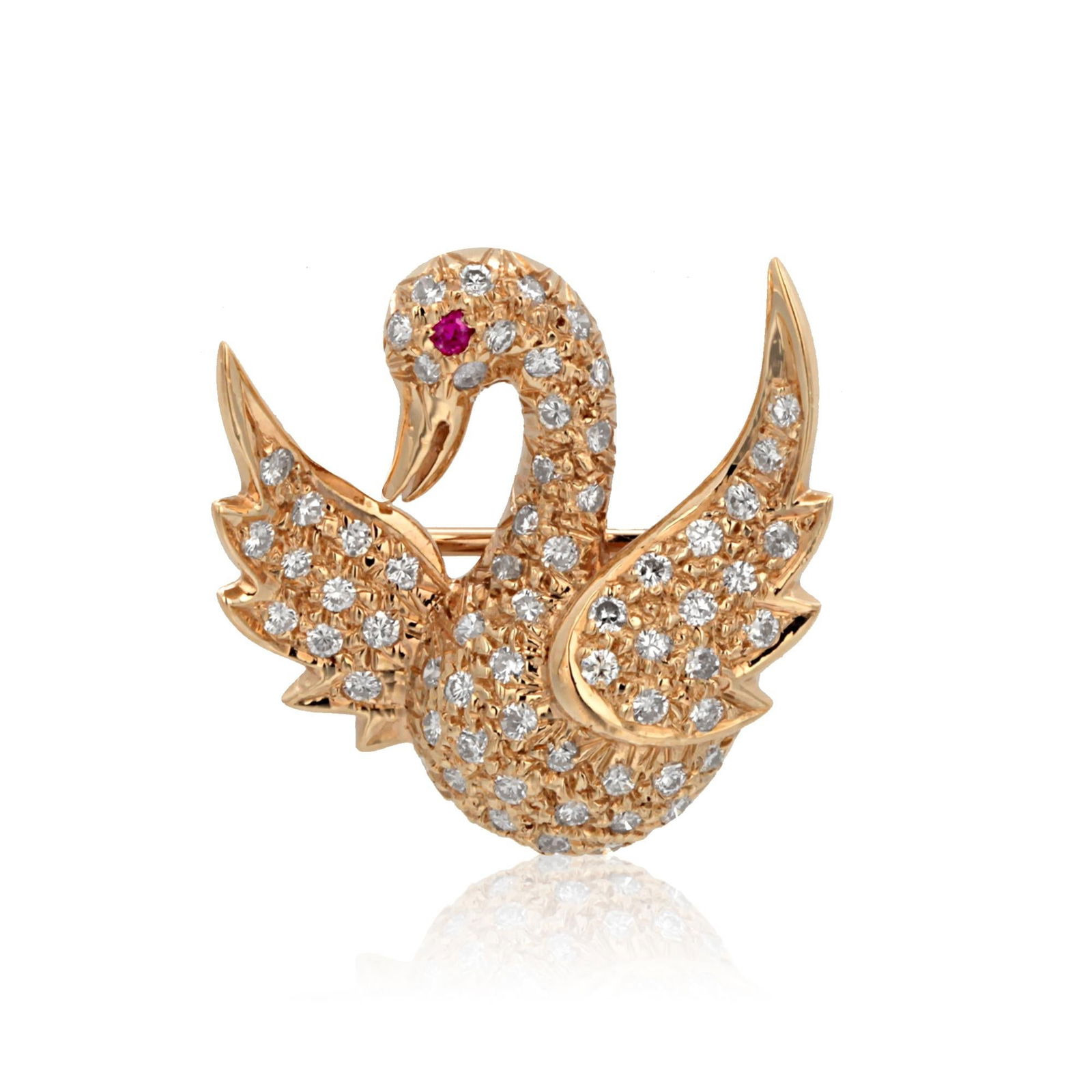 Vintage 14k Yellow Gold Swan Brooch With Diamonds and Rubies - 5