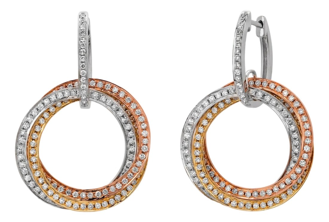 18k Rose White Yellow Gold Diamond 1.95 Carat Intertwining Circle Drop Earrings, A Pair: A striking celebration of artistry and symbolism, these intertwining circle drop earrings are crafted in a luxurious mix of 18K rose, white, and yellow gold, weighing 10.63 grams. Three interlocking