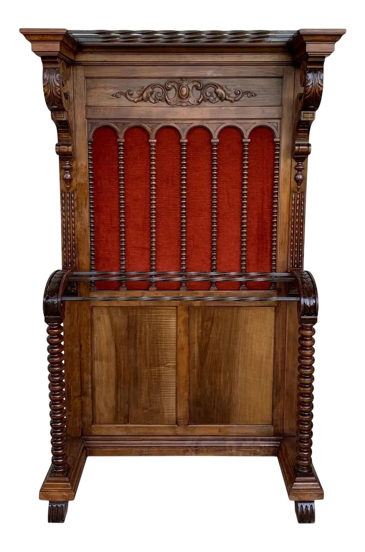 19th Large Carved Spanish Solid Walnut Hall Stand With Red Velvet Back: About Large carved Spanish solid walnut hall stand has all of the original hardware which is heavy cast iron and has been polished and lacquered for easy maintenance. The top half is profusely