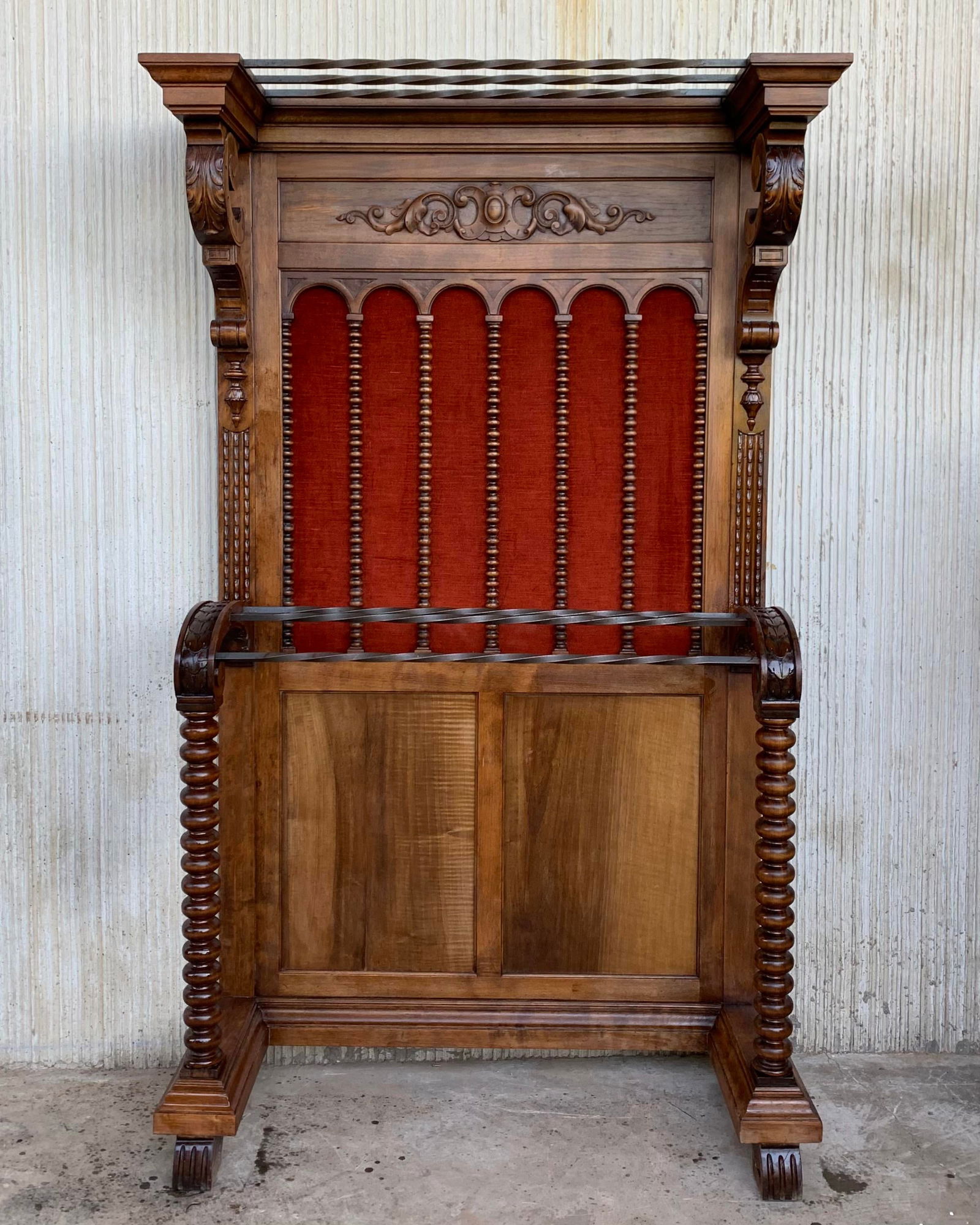 19th Large Carved Spanish Solid Walnut Hall Stand With Red Velvet Back - 2