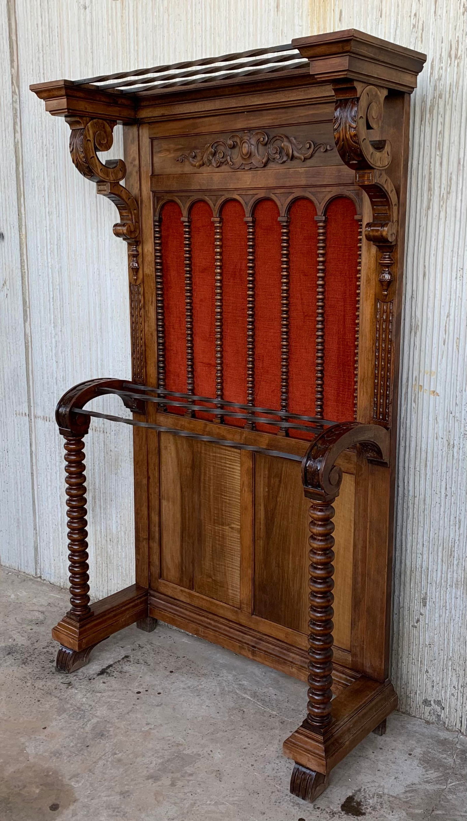 19th Large Carved Spanish Solid Walnut Hall Stand With Red Velvet Back - 3