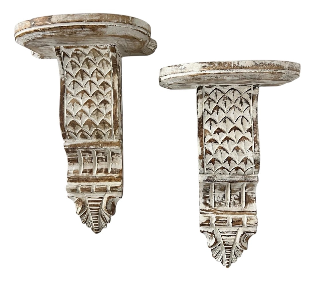Vintage Hand Carved Wood Decorative Wall Corbel Display Shelves - A Pair: Vintage pair of hand carved wood decorative wall display corbel shelves, brackets. Displays well with styles such as but not limited to farmhouse, rustic, French country coastal and traditional. Measu