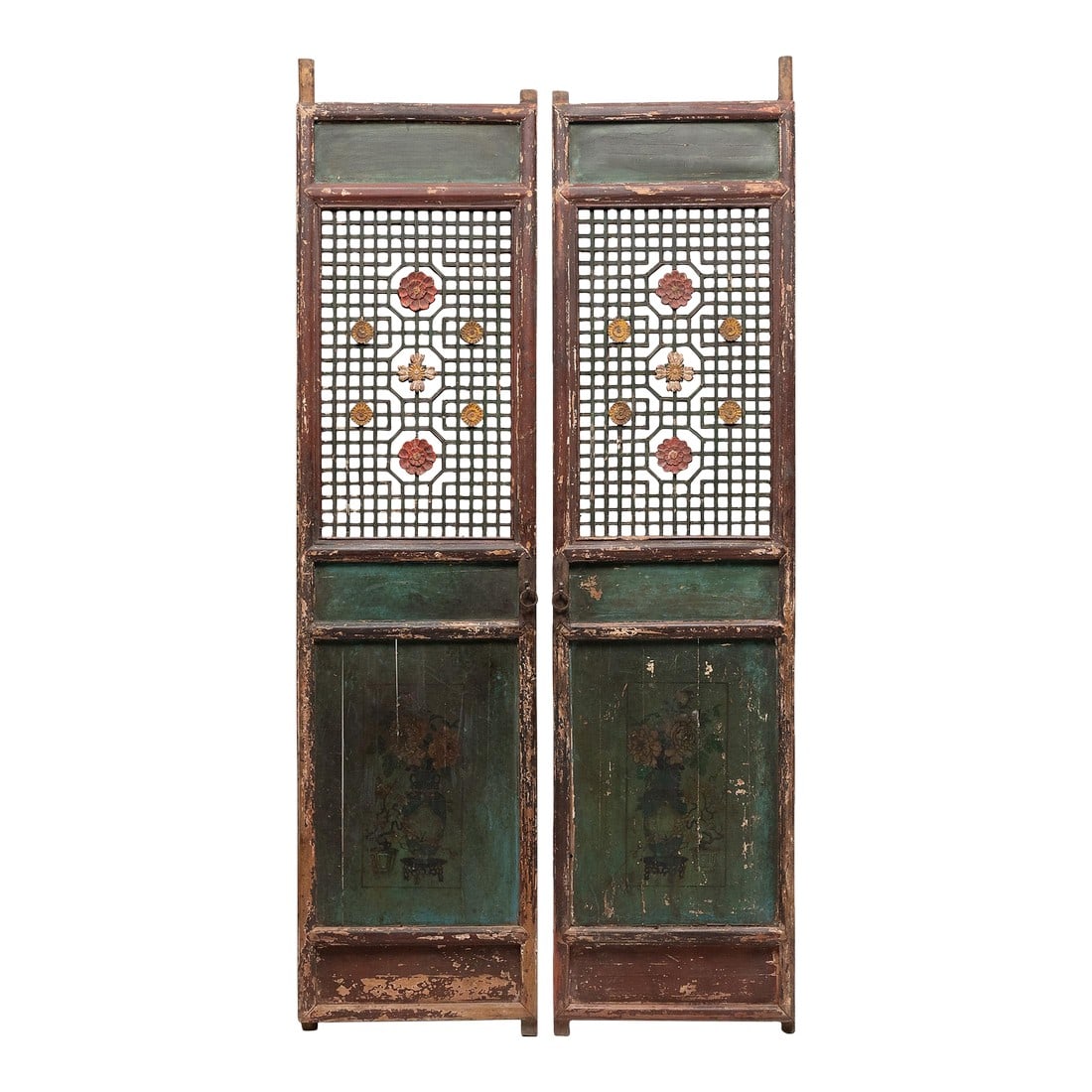 Pair of Chinese Lacquer Longevity Panels, C. 1800: A hallmark of Qing-dynasty domestic architecture, tall lattice panels such as these were used in provincial courtyard homes to allow light and air into a room whilst maintaining privacy. Crafted in