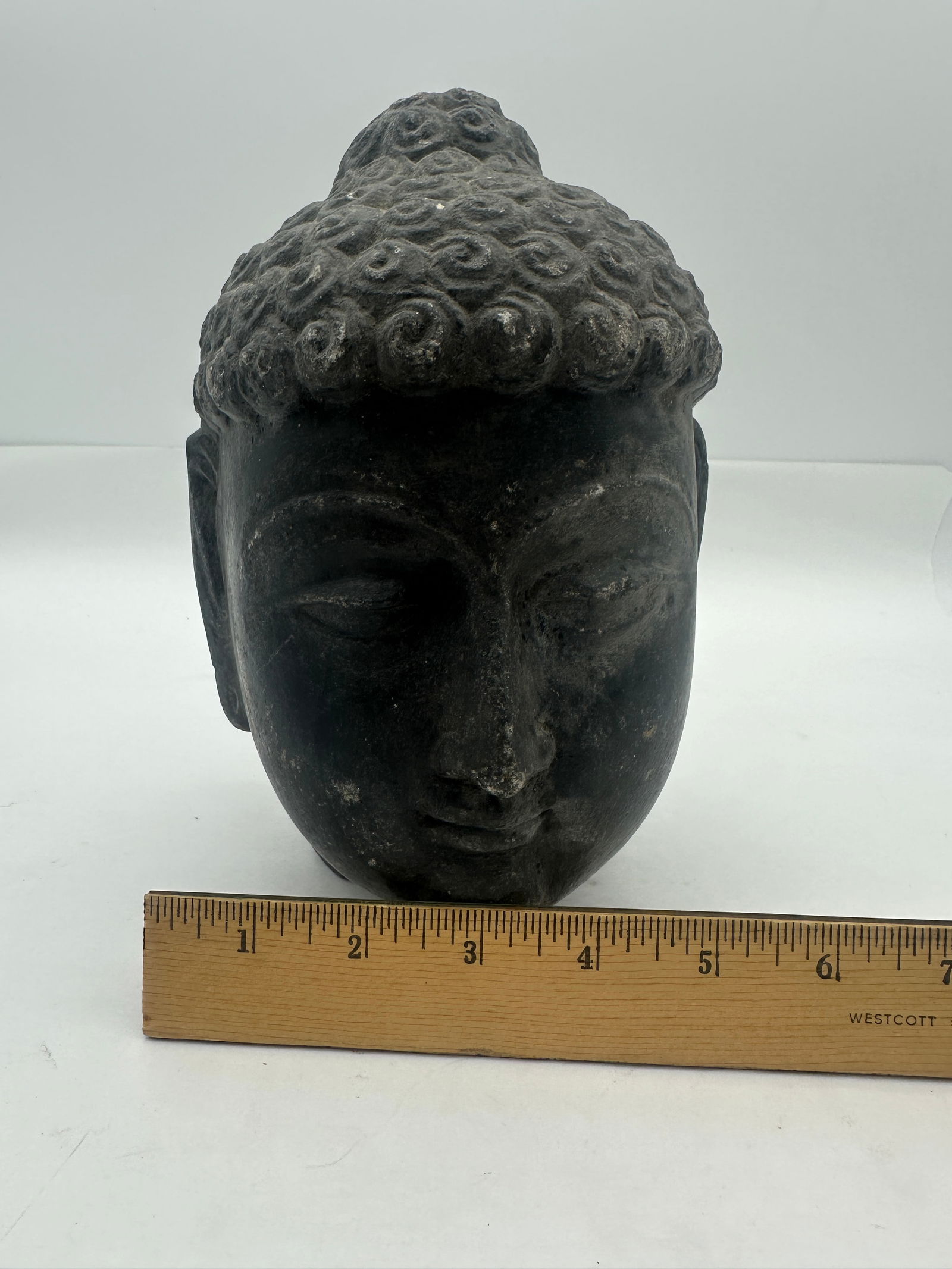 Mid to Late 1800s Stone Buddha Head Sculpture Statue 7" Heavy Fragment - 7