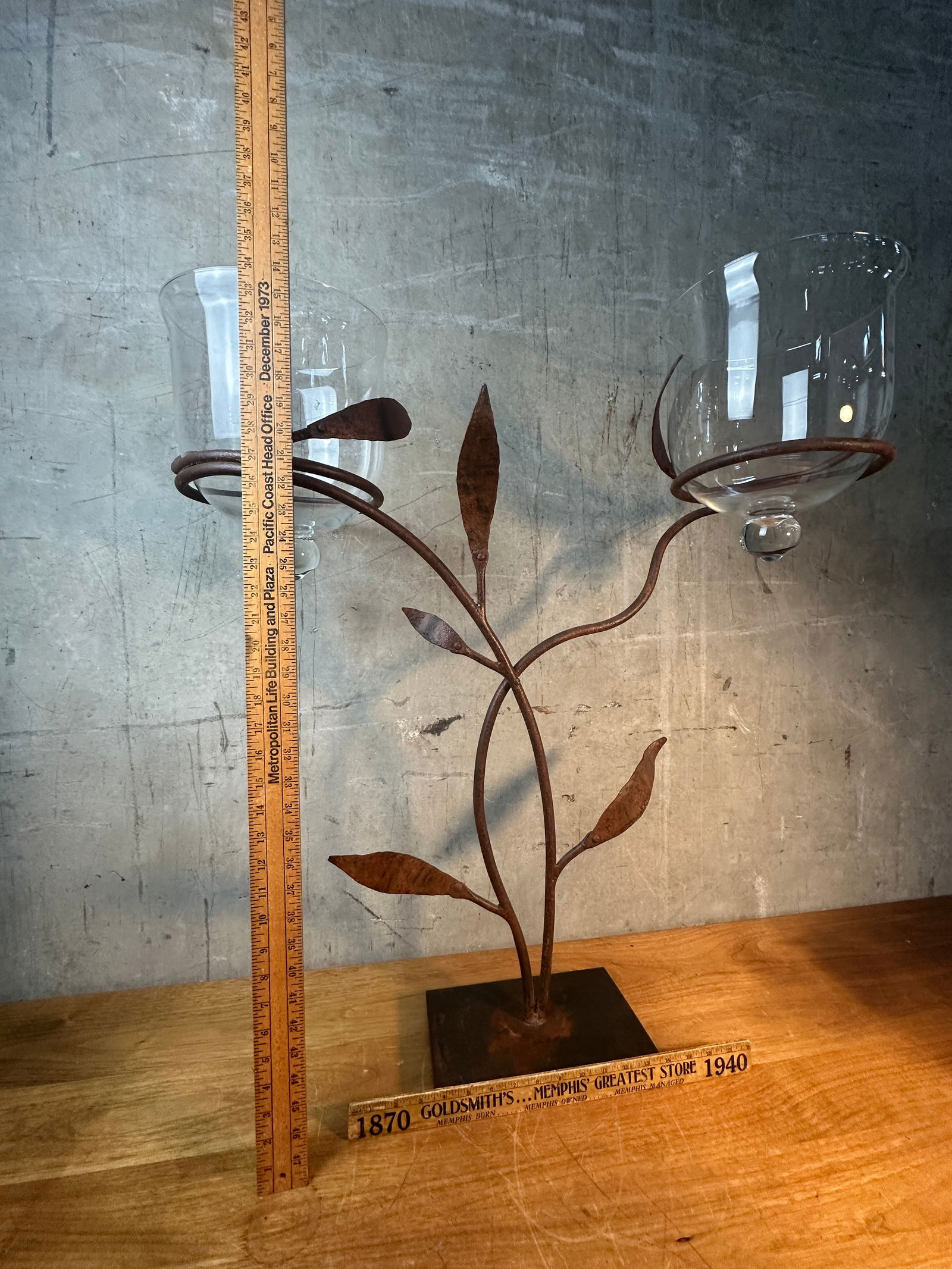 Late 20th Century Jan Barboglio Forged Iron Candelabra 2-Arm Vine Leaves Glass Votives Signed 19" - 10