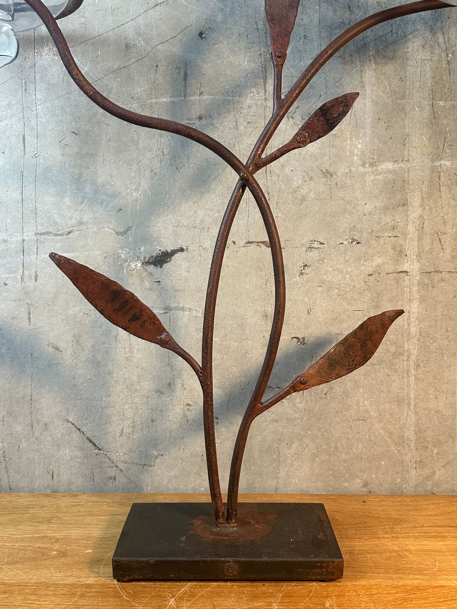 Late 20th Century Jan Barboglio Forged Iron Candelabra 2-Arm Vine Leaves Glass Votives Signed 19" - 2