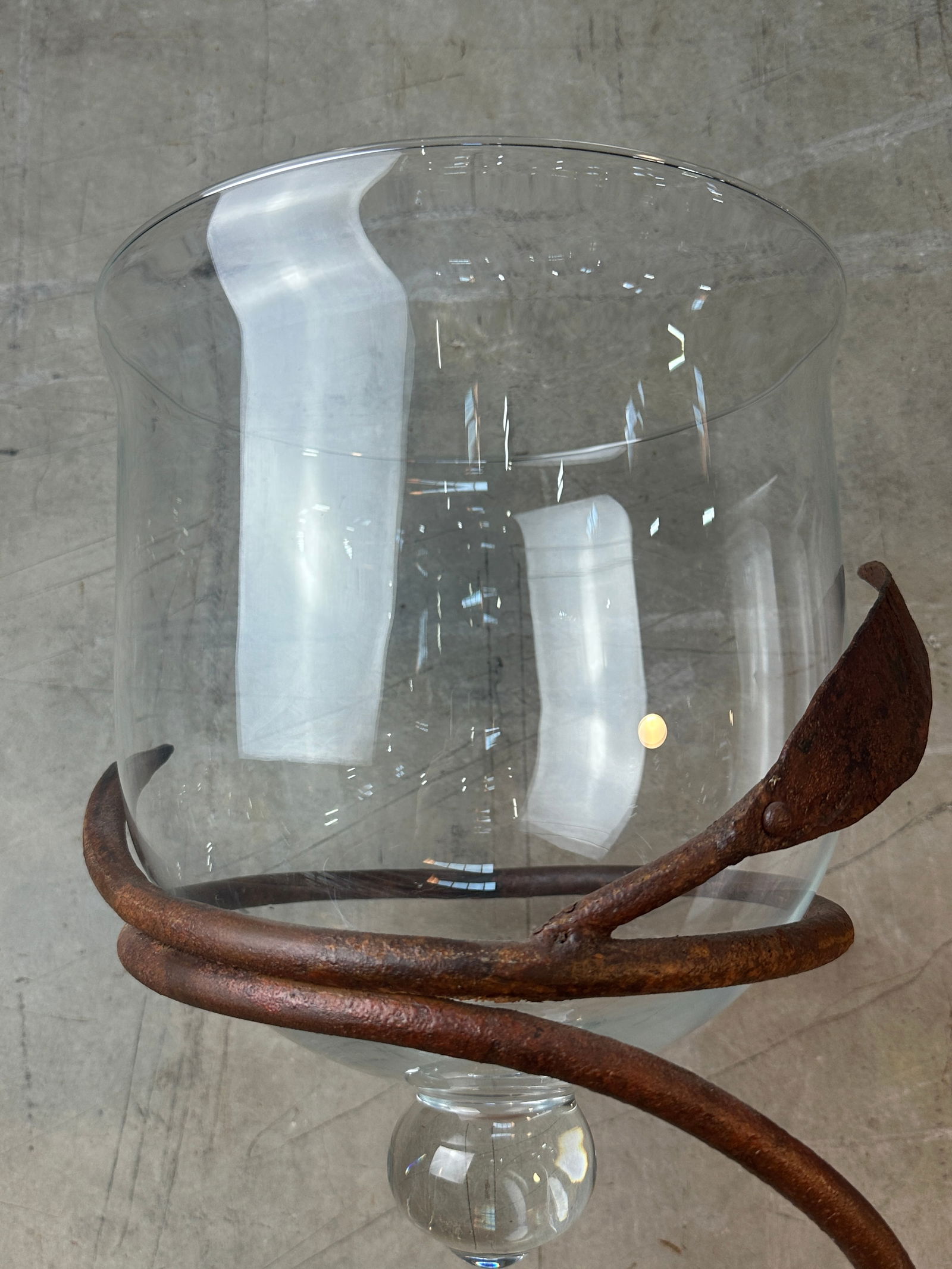 Late 20th Century Jan Barboglio Forged Iron Candelabra 2-Arm Vine Leaves Glass Votives Signed 19" - 3