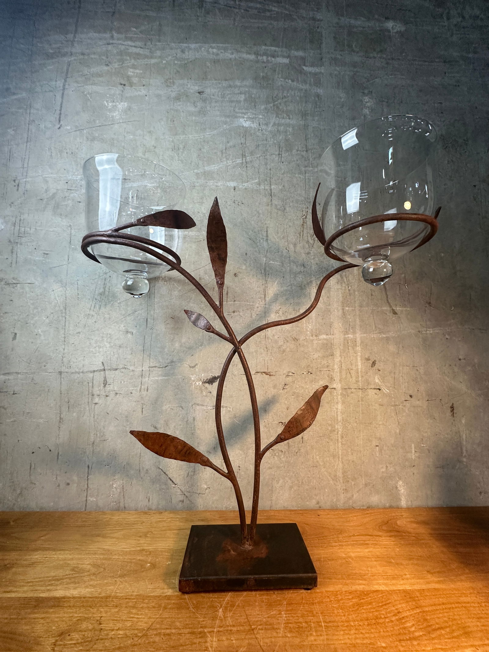 Late 20th Century Jan Barboglio Forged Iron Candelabra 2-Arm Vine Leaves Glass Votives Signed 19" - 5