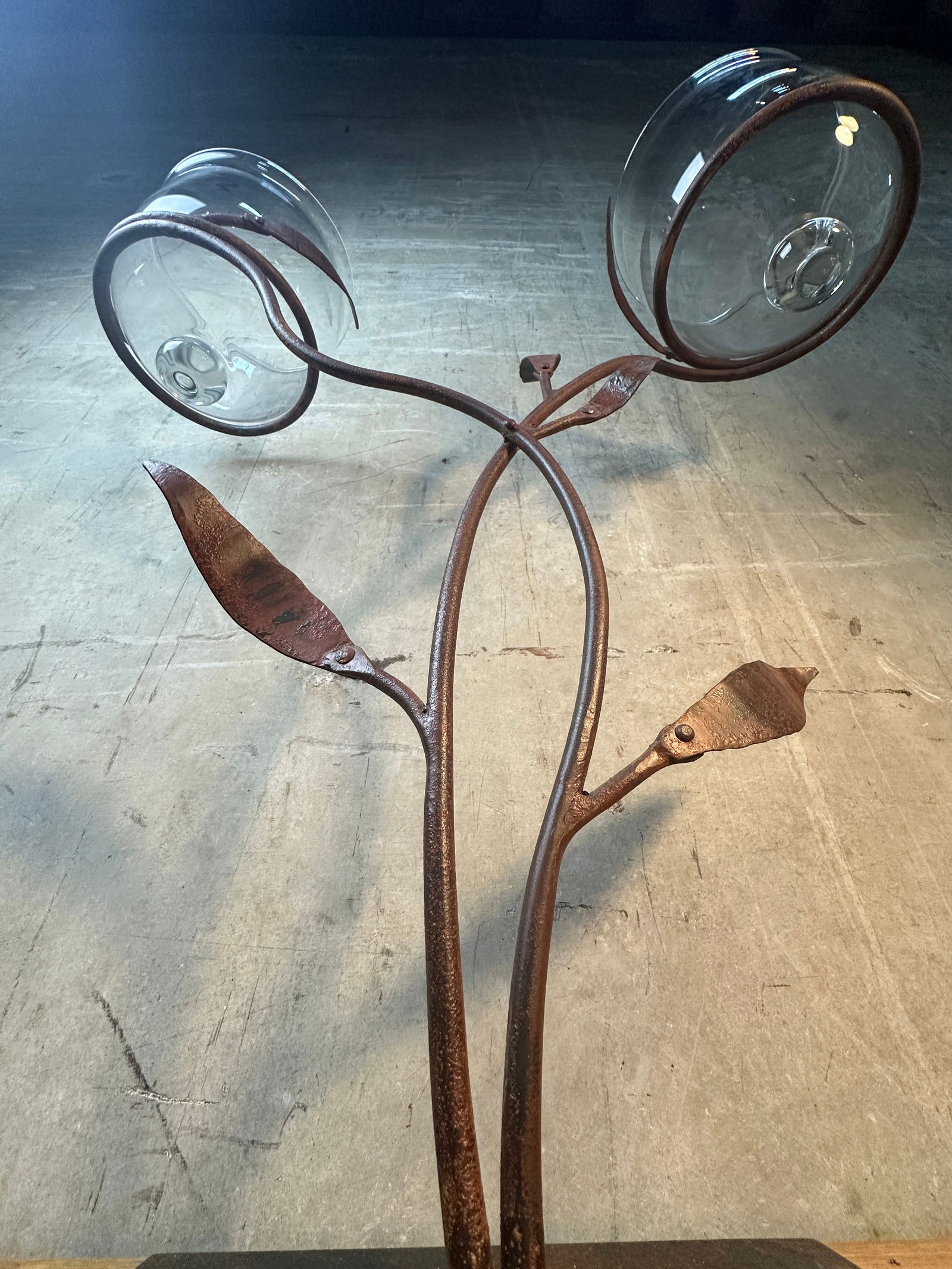 Late 20th Century Jan Barboglio Forged Iron Candelabra 2-Arm Vine Leaves Glass Votives Signed 19" - 6