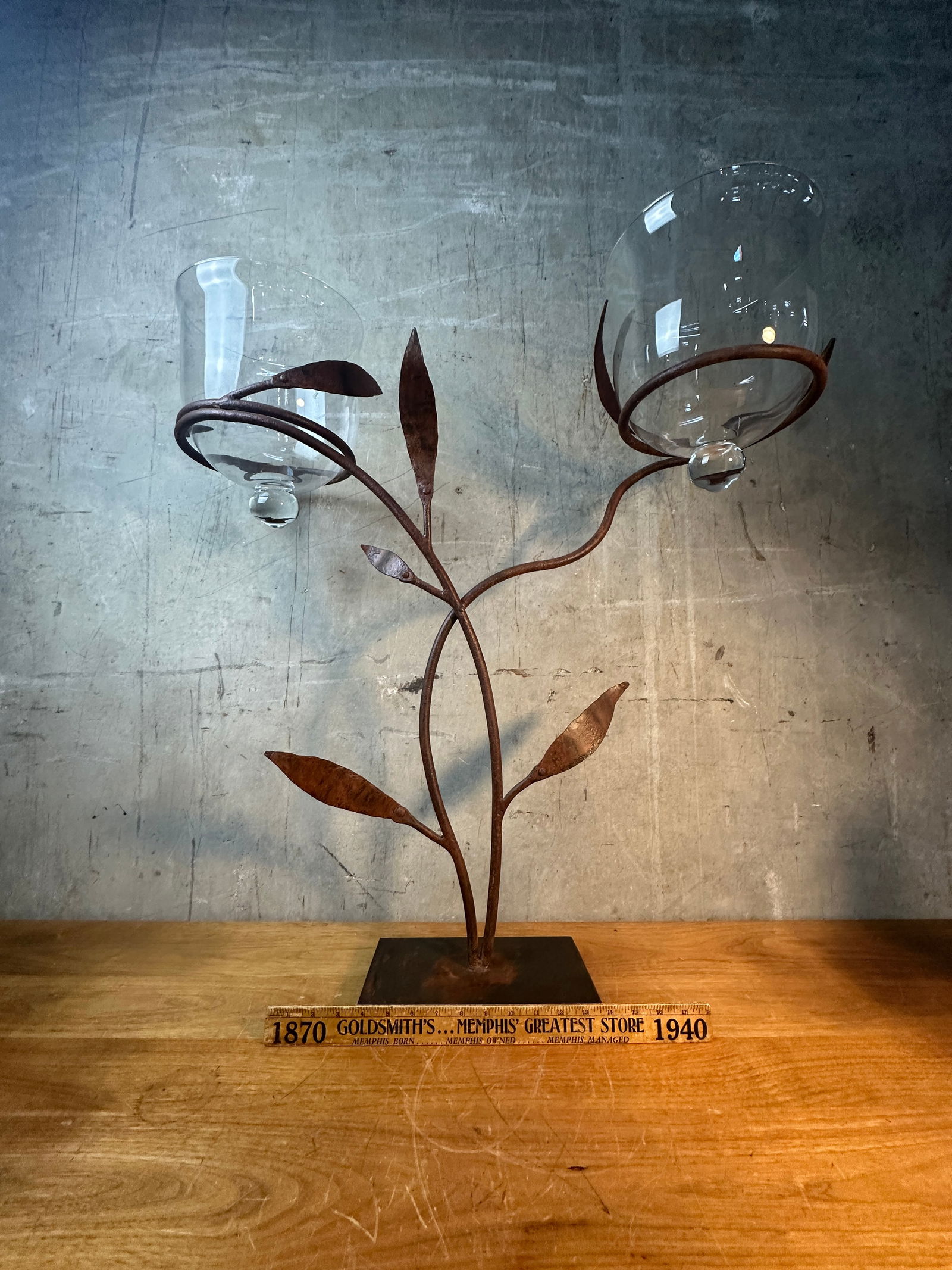 Late 20th Century Jan Barboglio Forged Iron Candelabra 2-Arm Vine Leaves Glass Votives Signed 19" - 9