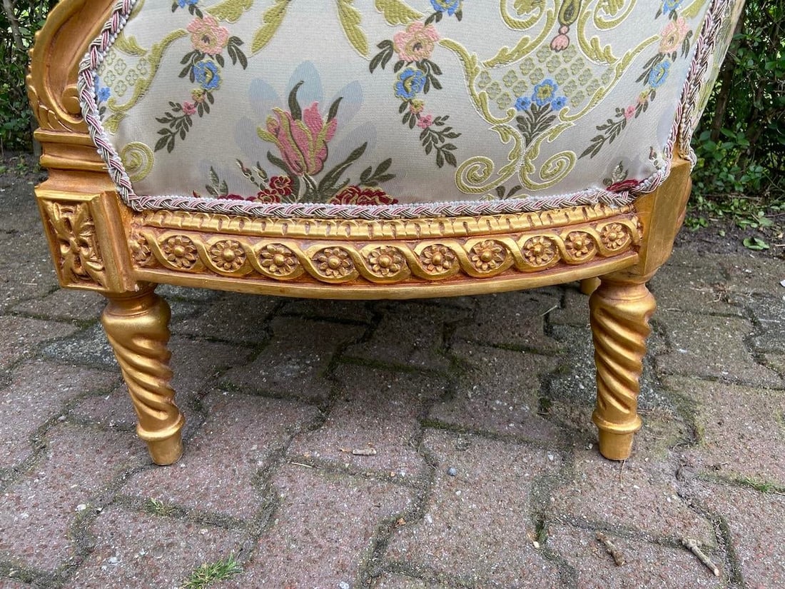 Late 20thC French Louis XVI Gold Beech Damask Bergères Pair - 10