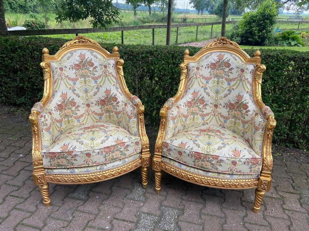 Late 20thC French Louis XVI Gold Beech Damask Bergères Pair - 11
