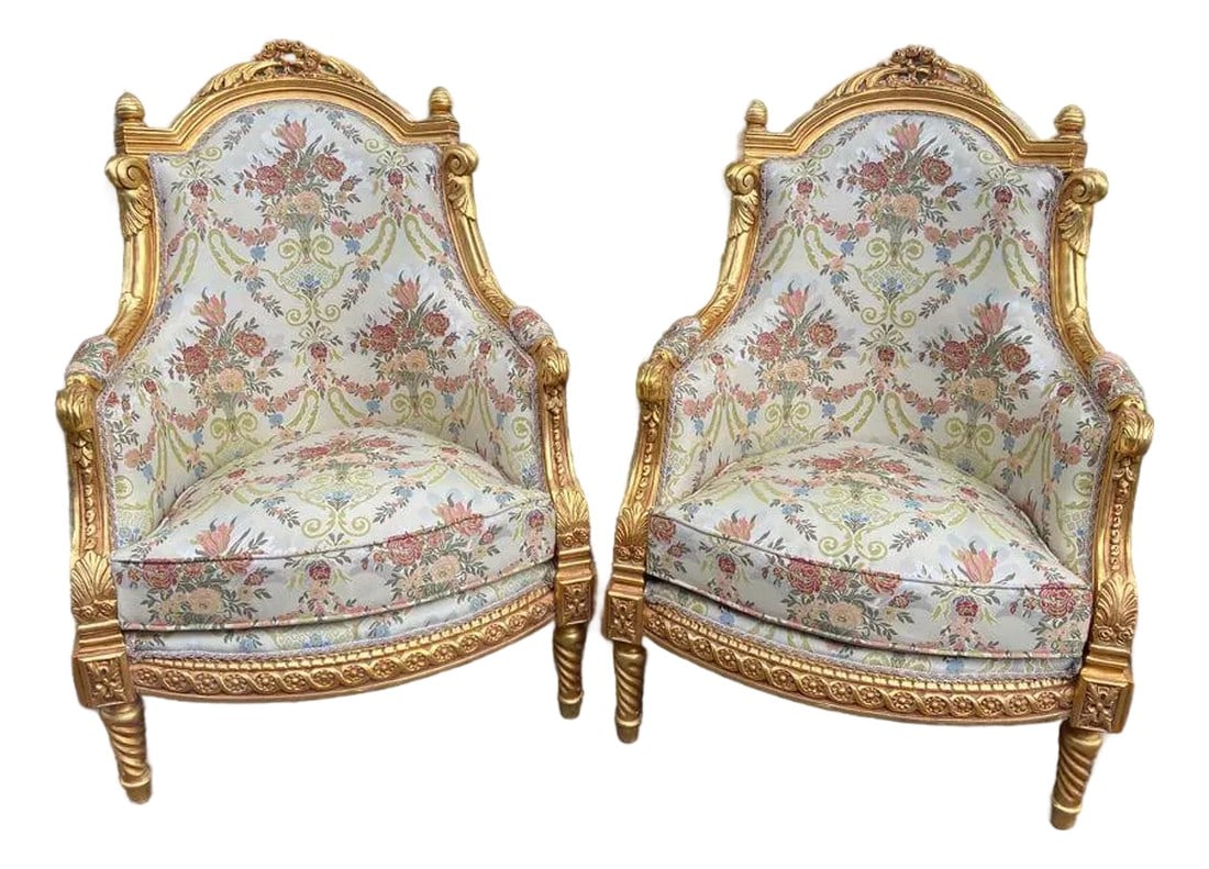 Late 20thC French Louis XVI Gold Beech Damask Bergères Pair (1 of 11)