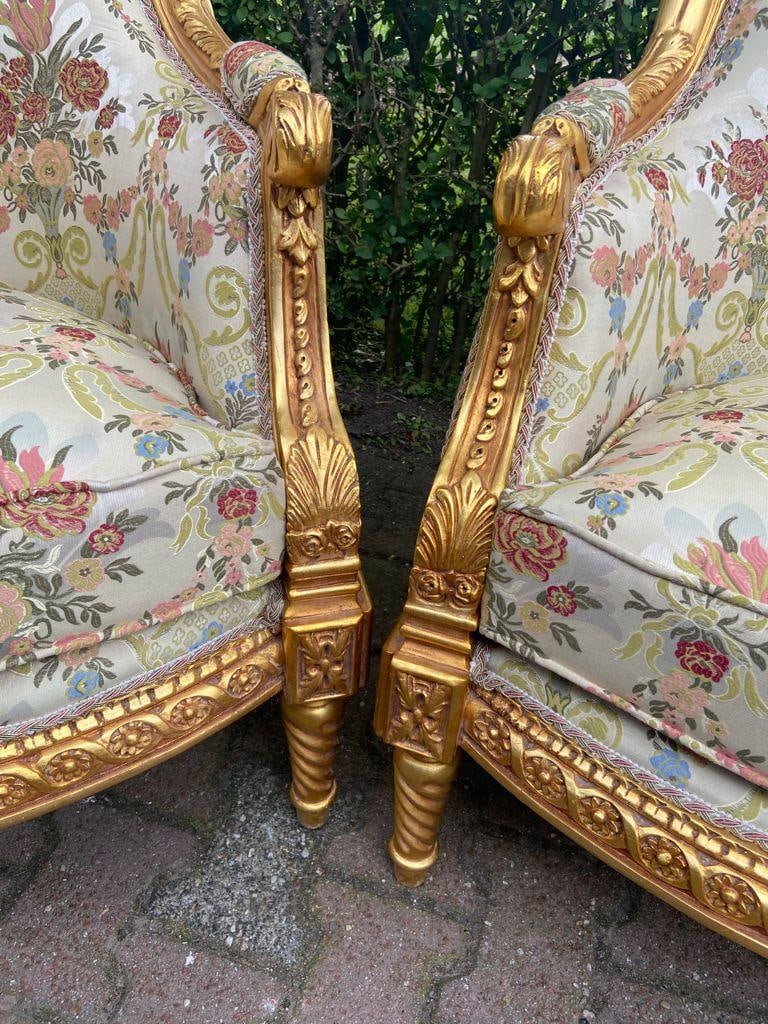 Late 20thC French Louis XVI Gold Beech Damask Bergères Pair - 5