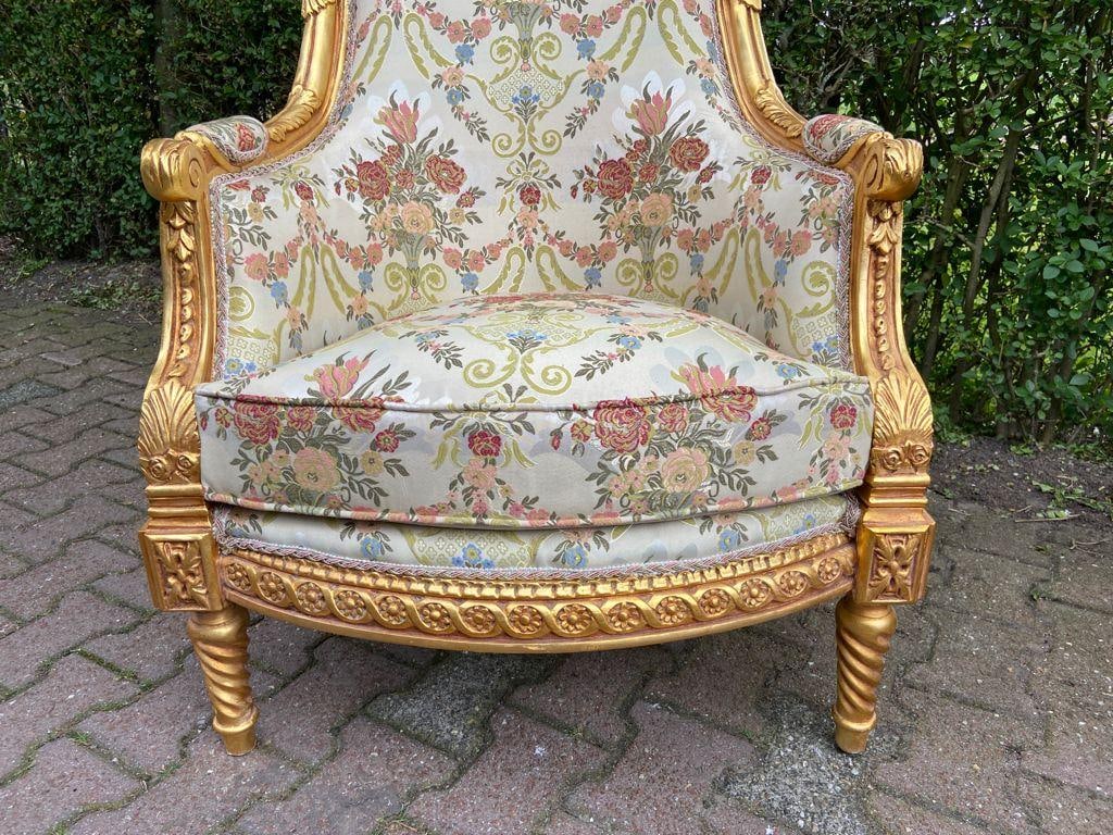 Late 20thC French Louis XVI Gold Beech Damask Bergères Pair - 6