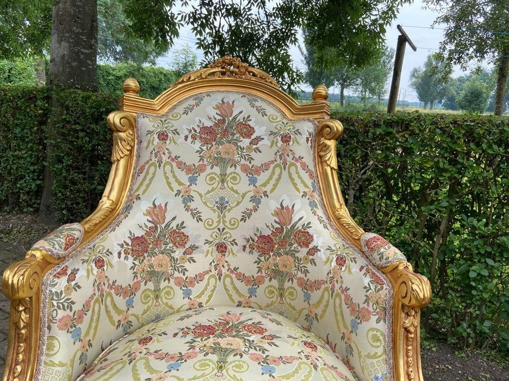 Late 20thC French Louis XVI Gold Beech Damask Bergères Pair - 7