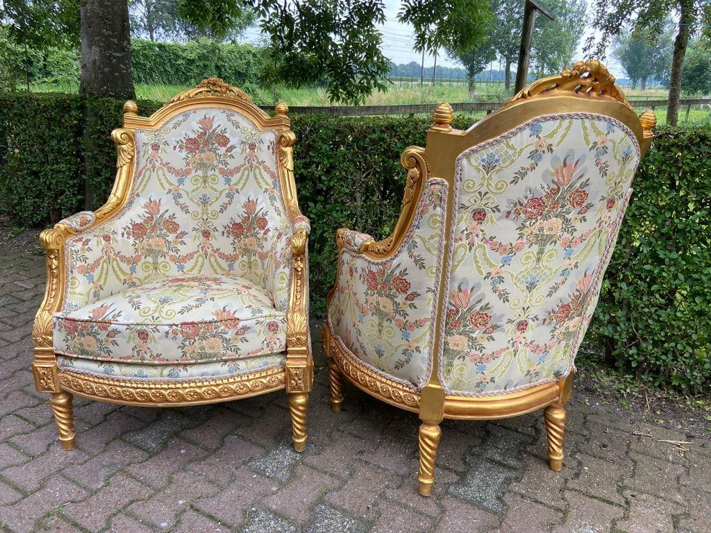 Late 20thC French Louis XVI Gold Beech Damask Bergères Pair - 8
