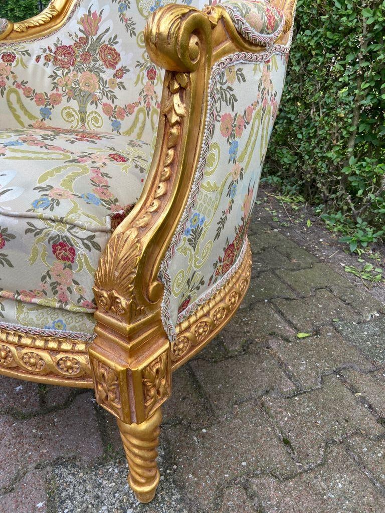 Late 20thC French Louis XVI Gold Beech Damask Bergères Pair - 9