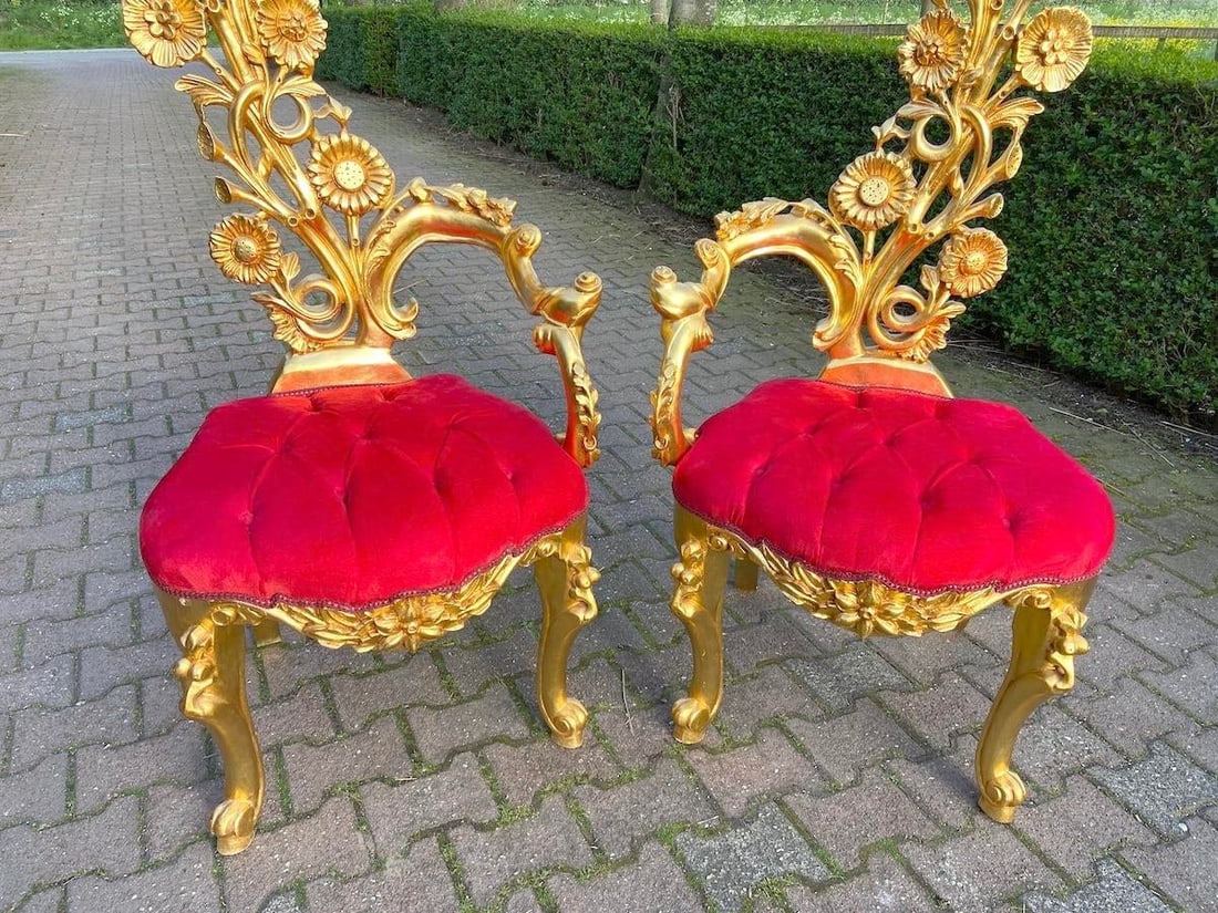 Mid 20c Italian Baroque Gold Beech Red Velvet Side Chairs Pair - 10