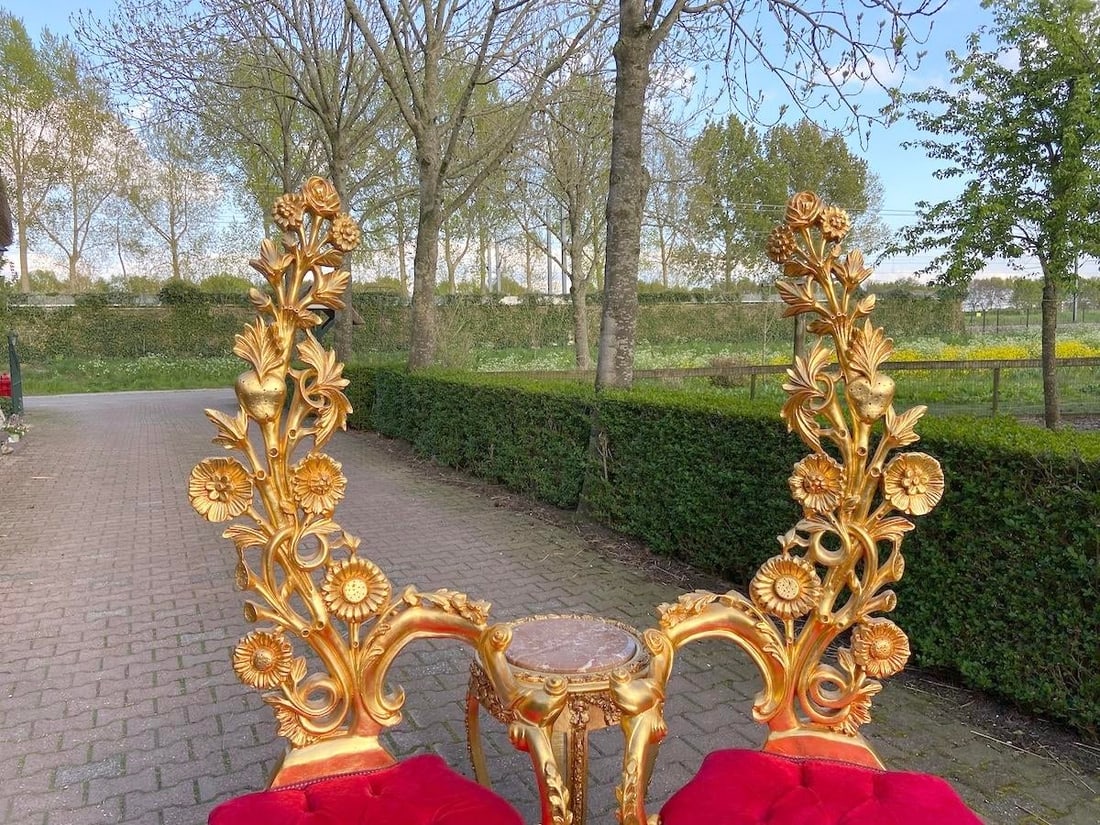 Mid 20c Italian Baroque Gold Beech Red Velvet Side Chairs Pair - 11