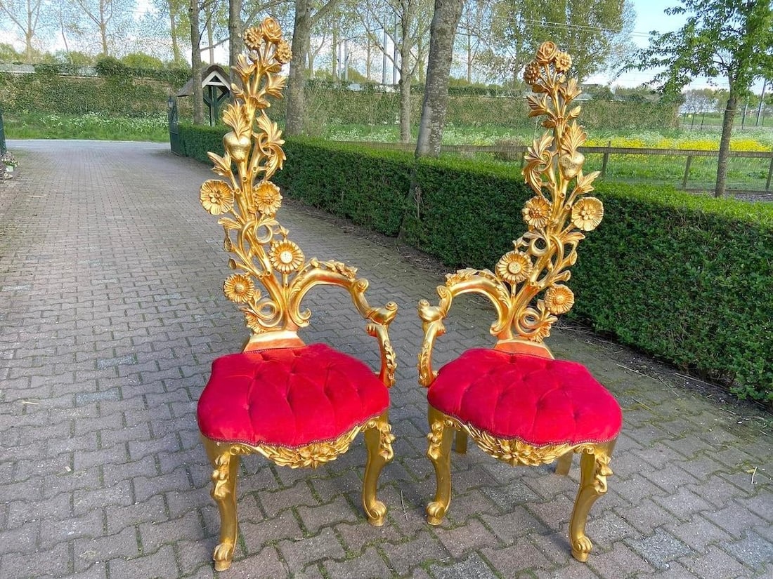 Mid 20c Italian Baroque Gold Beech Red Velvet Side Chairs Pair - 12