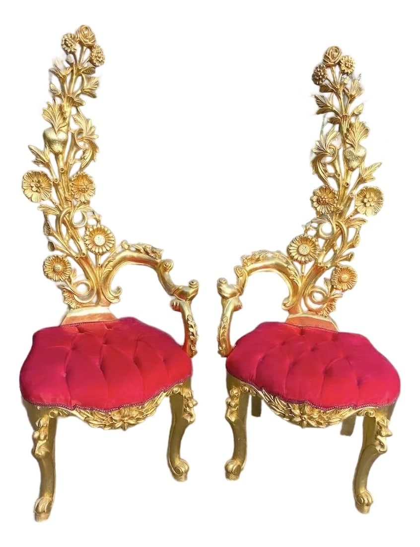 Mid 20c Italian Baroque Gold Beech Red Velvet Side Chairs Pair: Mid-20th Century Italian Baroque / Rococo Revival Side Chairs – Pair An extraordinary pair of mid-20th-century Italian Baroque / Rococo Revival side chairs, handcrafted in Italy and designed to