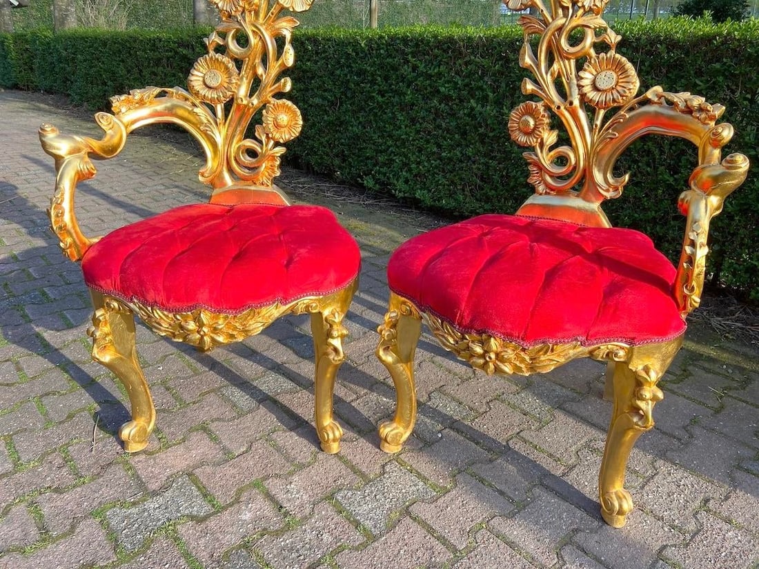 Mid 20c Italian Baroque Gold Beech Red Velvet Side Chairs Pair - 2