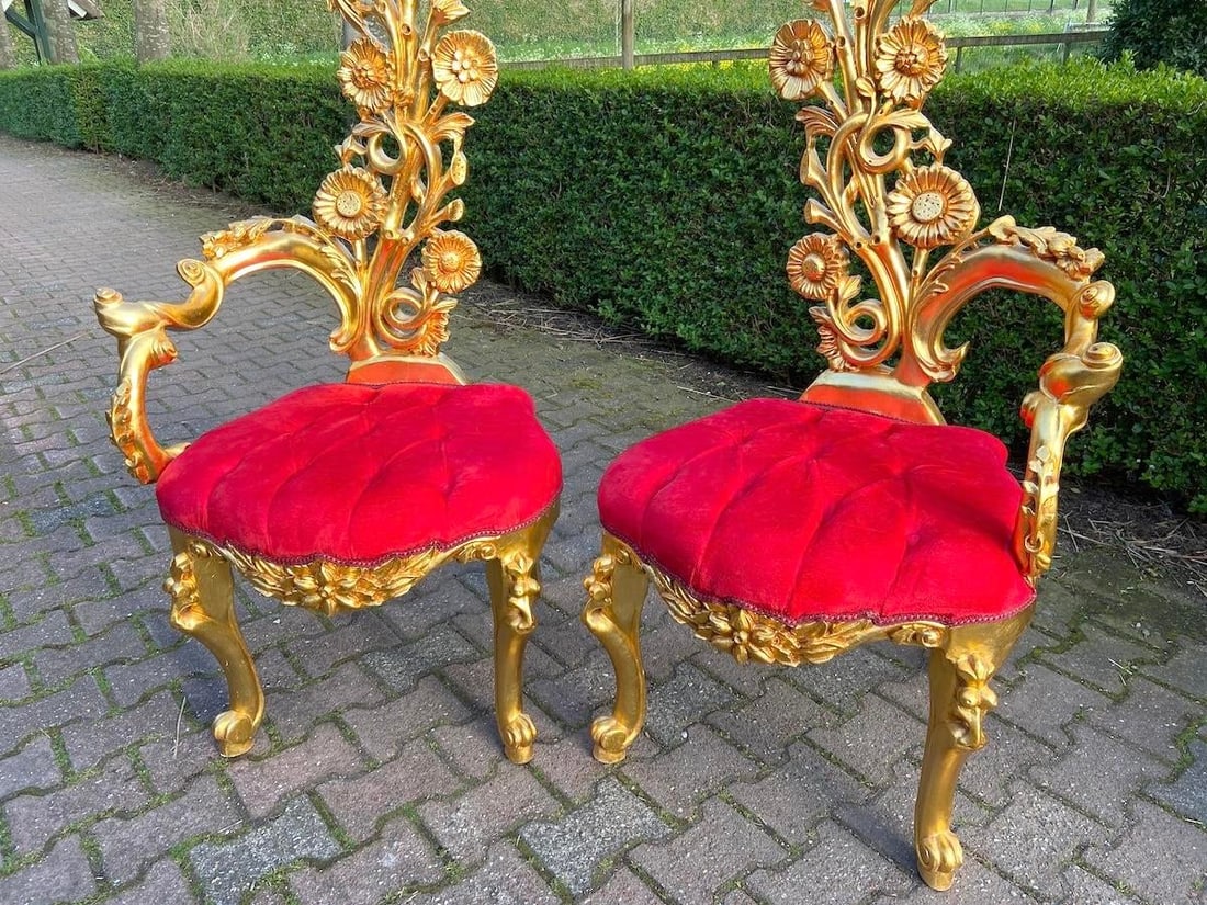 Mid 20c Italian Baroque Gold Beech Red Velvet Side Chairs Pair - 4