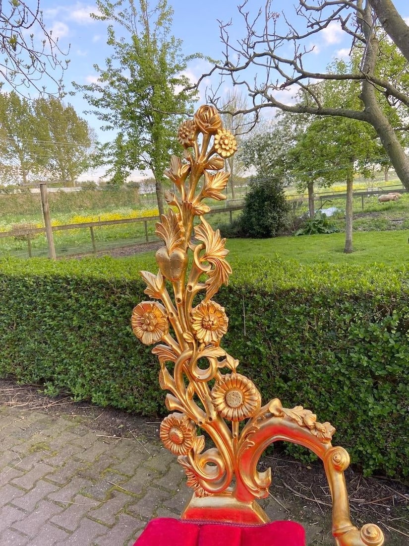 Mid 20c Italian Baroque Gold Beech Red Velvet Side Chairs Pair - 5