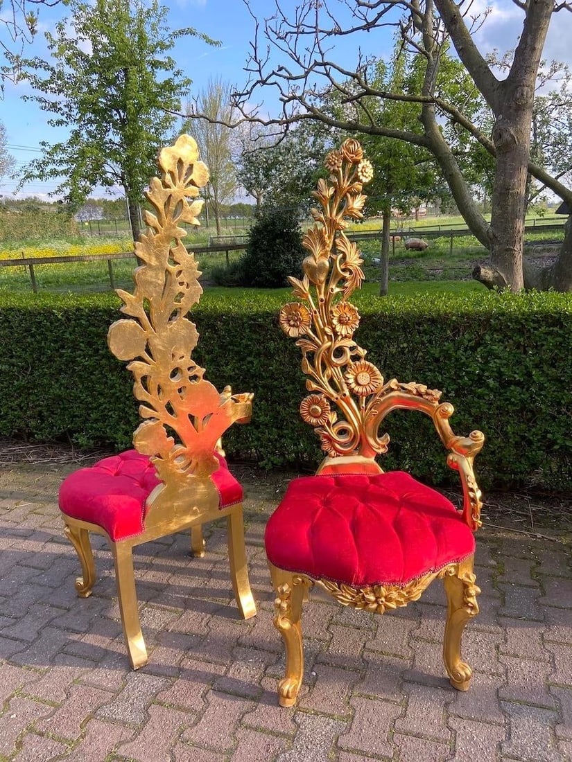 Mid 20c Italian Baroque Gold Beech Red Velvet Side Chairs Pair - 6
