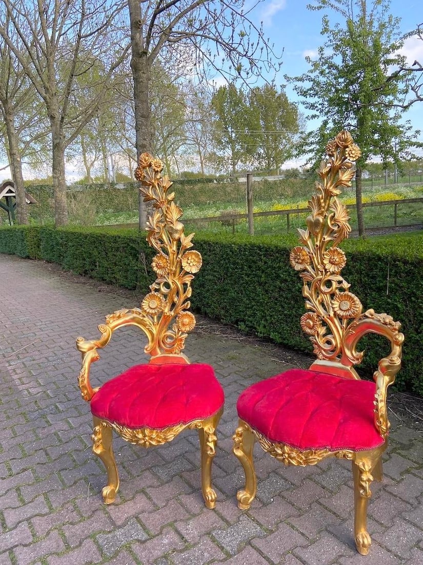 Mid 20c Italian Baroque Gold Beech Red Velvet Side Chairs Pair - 7