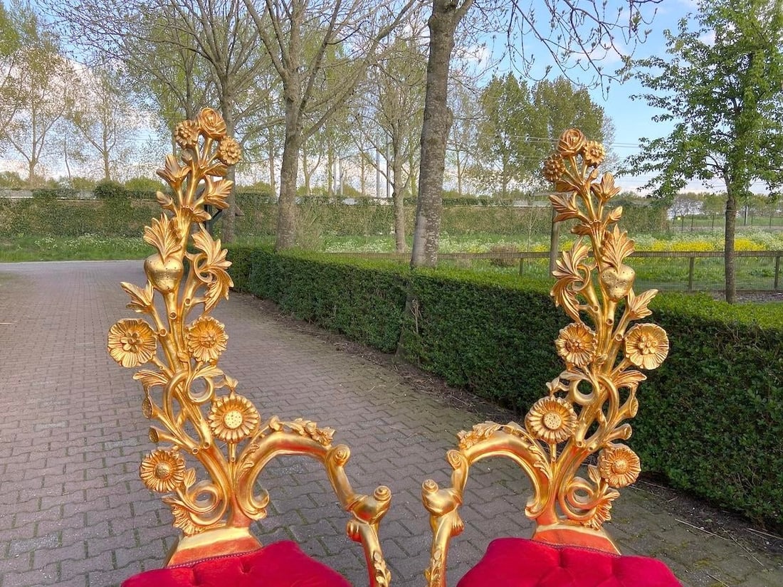 Mid 20c Italian Baroque Gold Beech Red Velvet Side Chairs Pair - 8