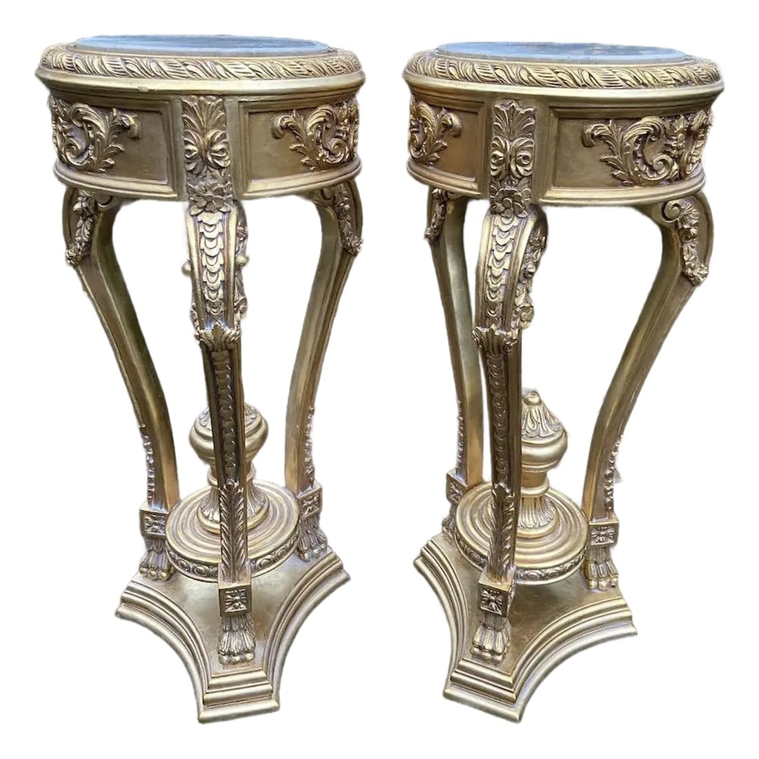 Late 20c French Louis XVI Gold Beech Marble Side Tables Pair: Late 20th Century French Louis XVI–Style Side Tables – Gilt Beech & Marble (Pair) This elegant pair of late 20th-century French Louis XVI–style side tables exemplifies the refined